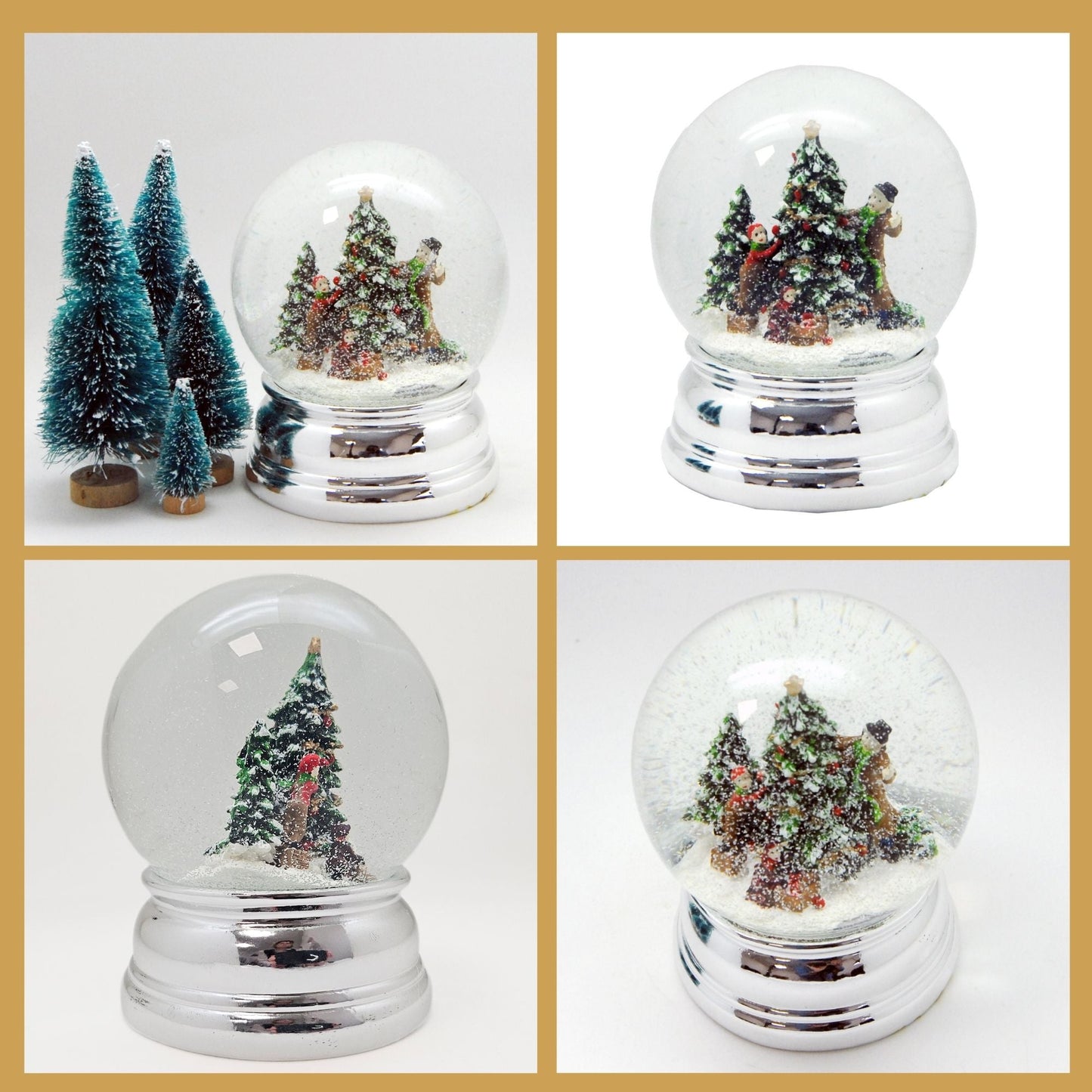 Schneekugel Christbaum schmücken auf Sockel silber rund geschwungen 10 cm Durchmesser - Schneekugelhaus