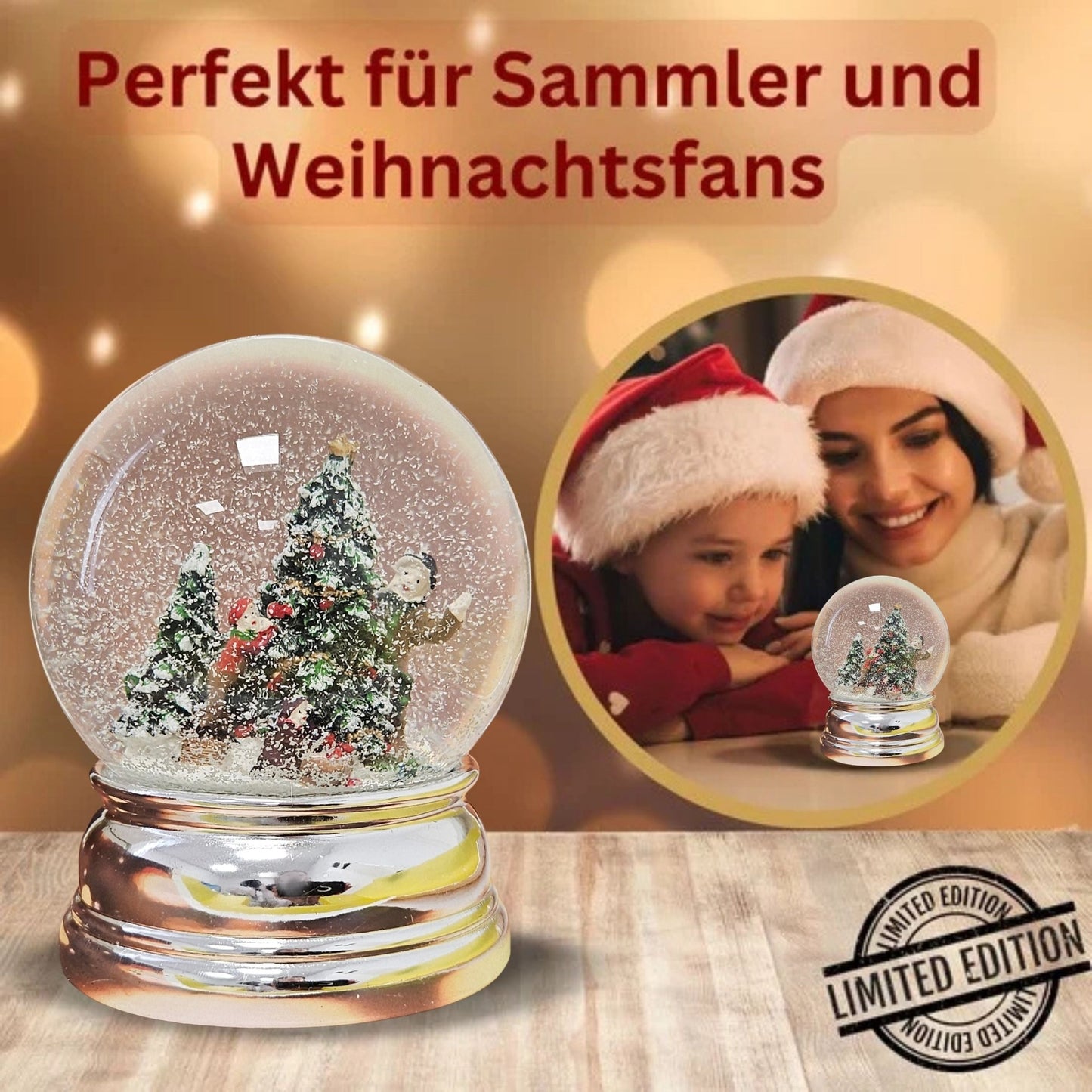 Schneekugel Christbaum schmücken auf Sockel silber rund geschwungen 10 cm Durchmesser - Schneekugelhaus