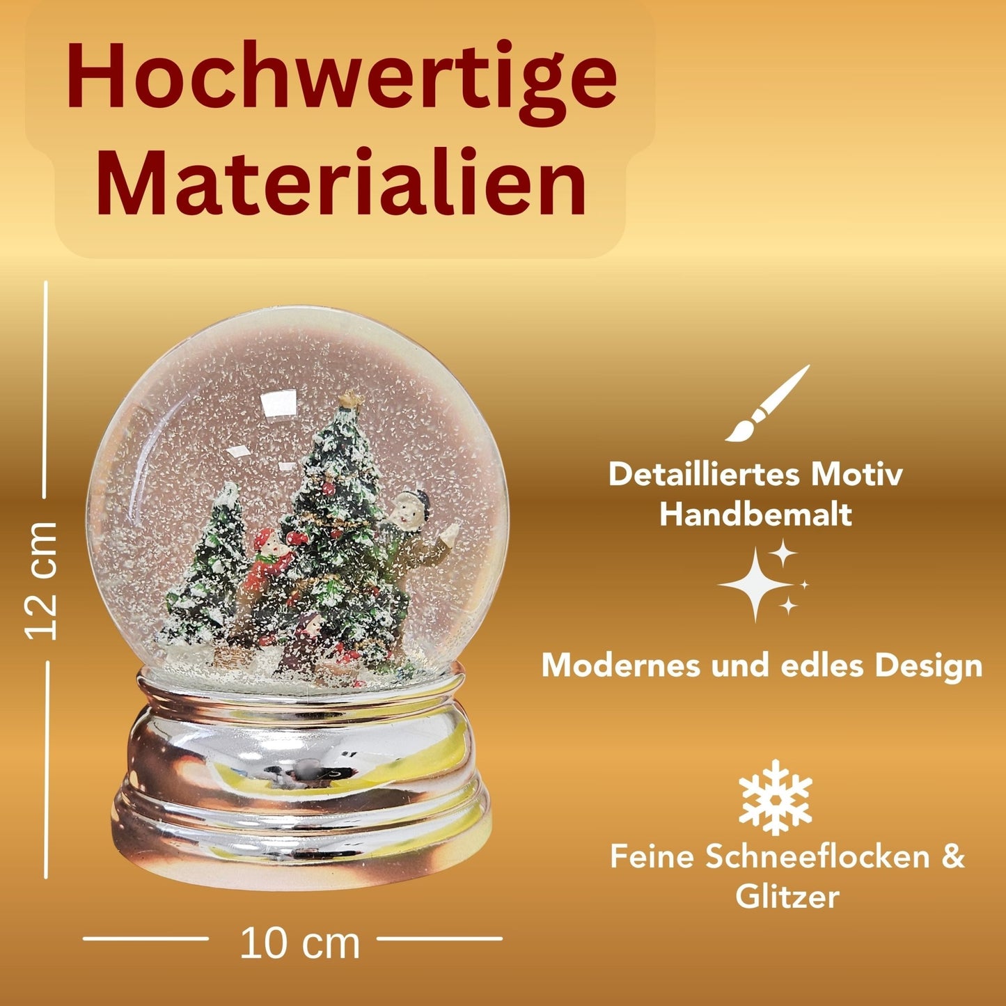 Schneekugel Christbaum schmücken auf Sockel silber rund geschwungen 10 cm Durchmesser - Schneekugelhaus
