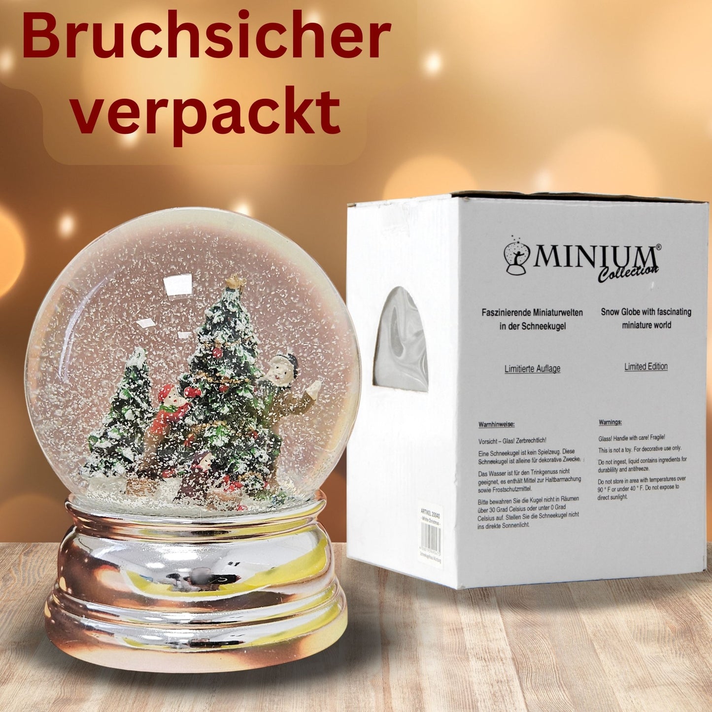 Schneekugel Christbaum schmücken auf Sockel silber rund geschwungen 10 cm Durchmesser - Schneekugelhaus