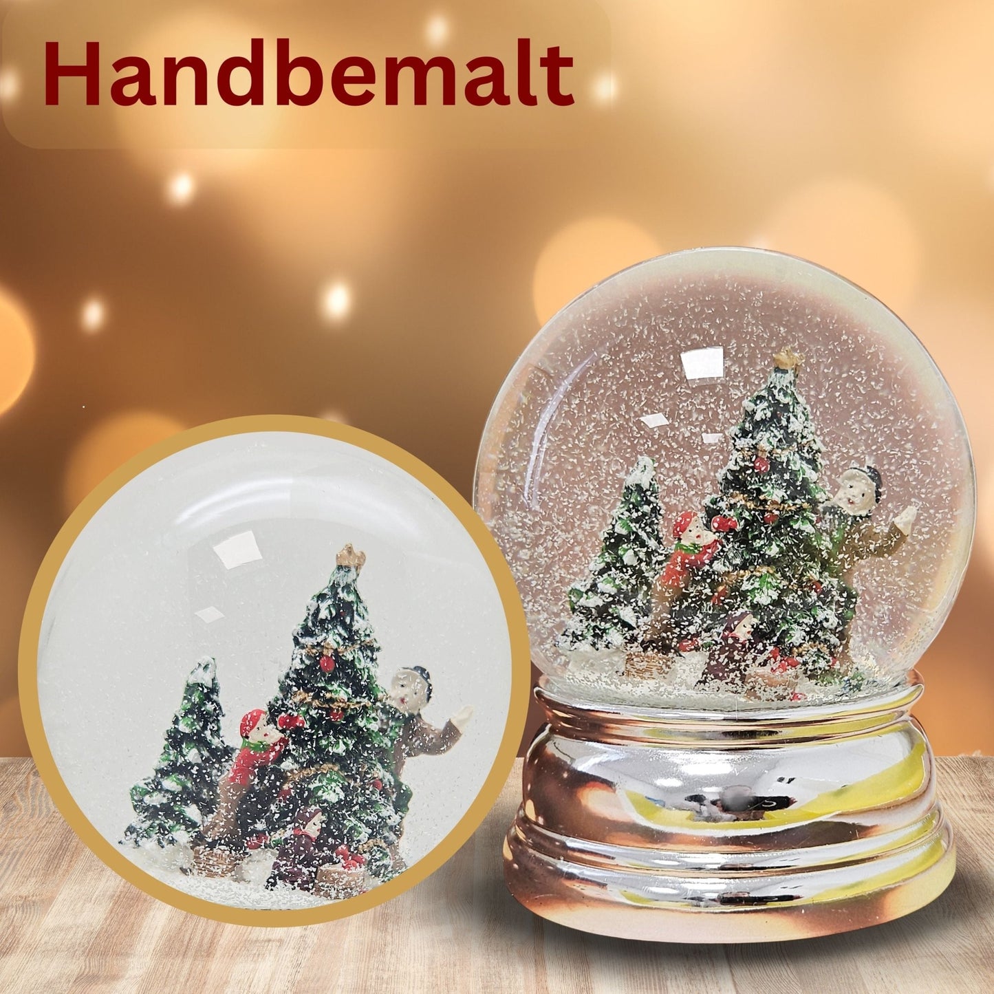 Schneekugel Christbaum schmücken auf Sockel silber rund geschwungen 10 cm Durchmesser - Schneekugelhaus