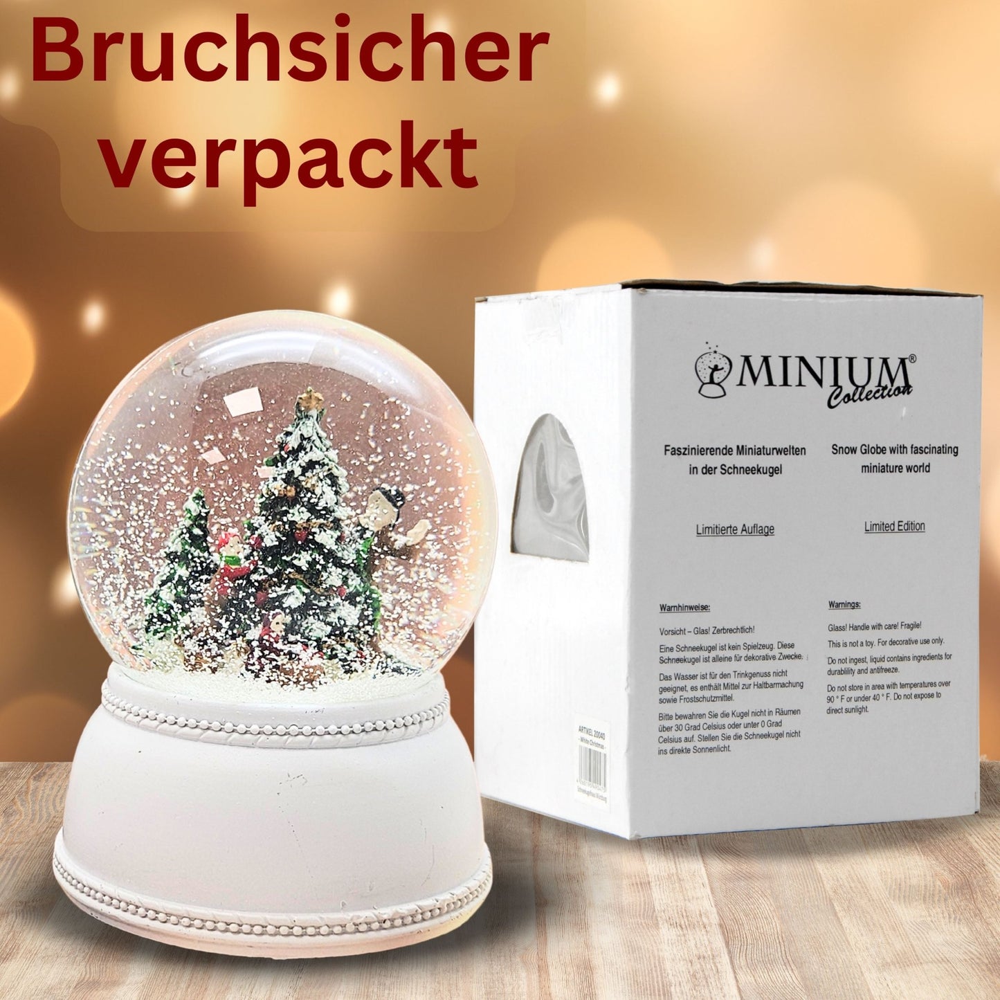 Schneekugel Christbaum schmücken auf Sockel weiß nostalgisch 100 mm Durchmesser mit Spieluhr - Schneekugelhaus