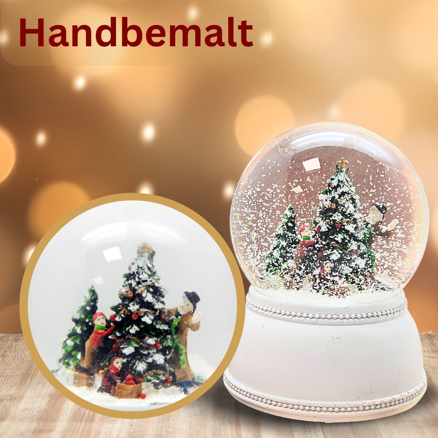 Schneekugel Christbaum schmücken auf Sockel weiß nostalgisch 100 mm Durchmesser mit Spieluhr - Schneekugelhaus