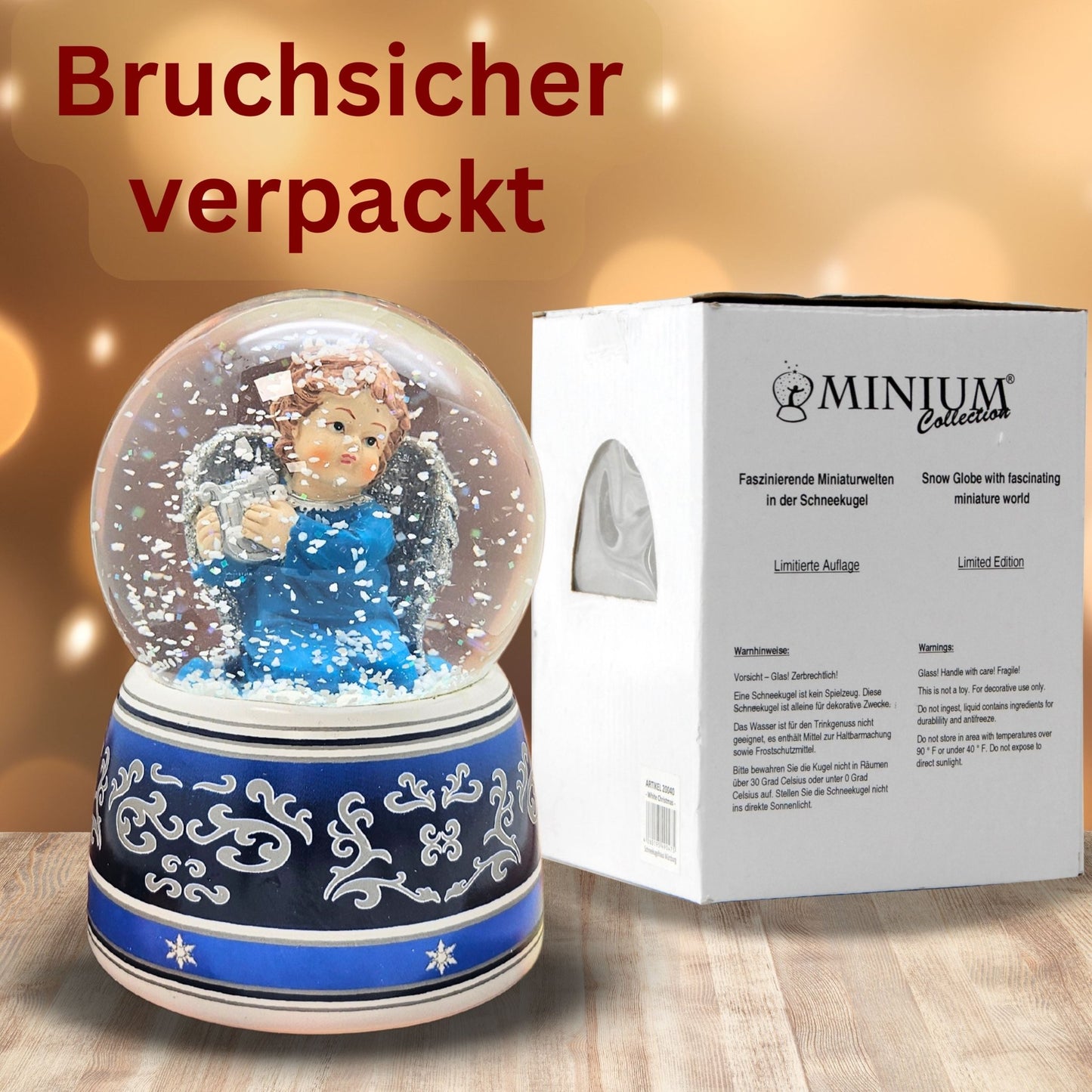 Schneekugel Engel blau mit Harfe mit Spieluhr 100 mm Durchmesser - Schneekugelhaus