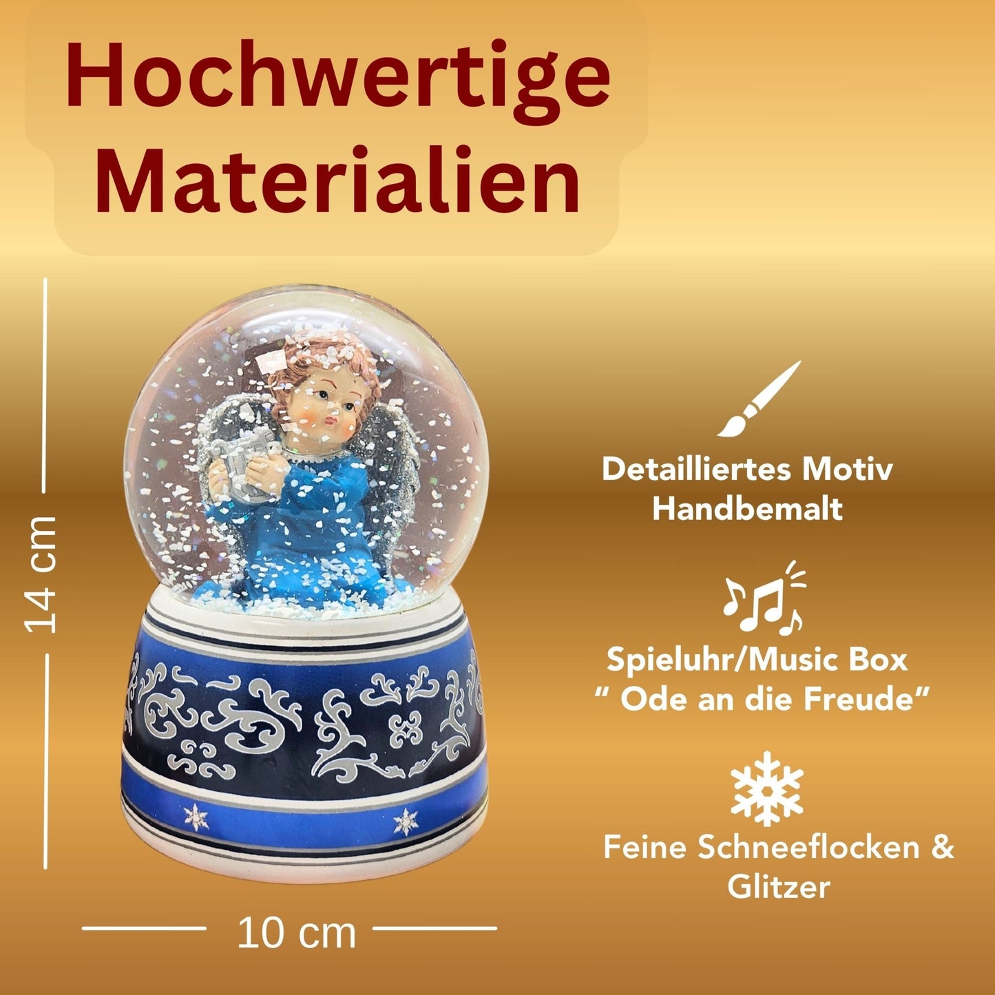 Schneekugel Engel blau mit Harfe mit Spieluhr 100 mm Durchmesser - Schneekugelhaus