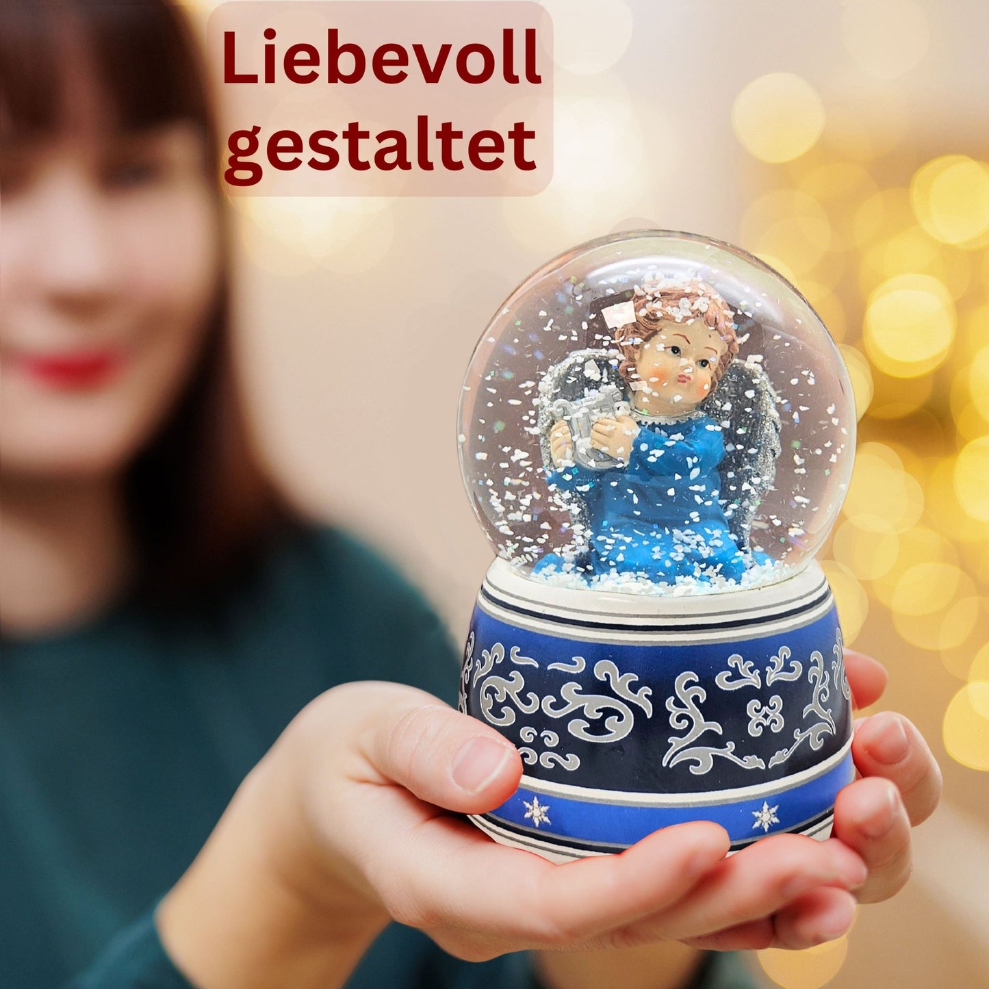 Schneekugel Engel blau mit Harfe mit Spieluhr 100 mm Durchmesser - Schneekugelhaus