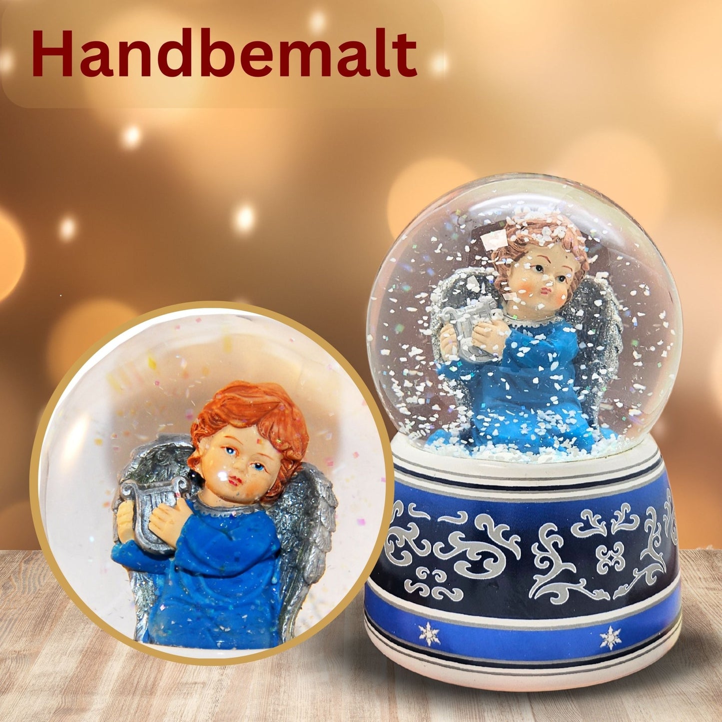 Schneekugel Engel blau mit Harfe mit Spieluhr 100 mm Durchmesser - Schneekugelhaus