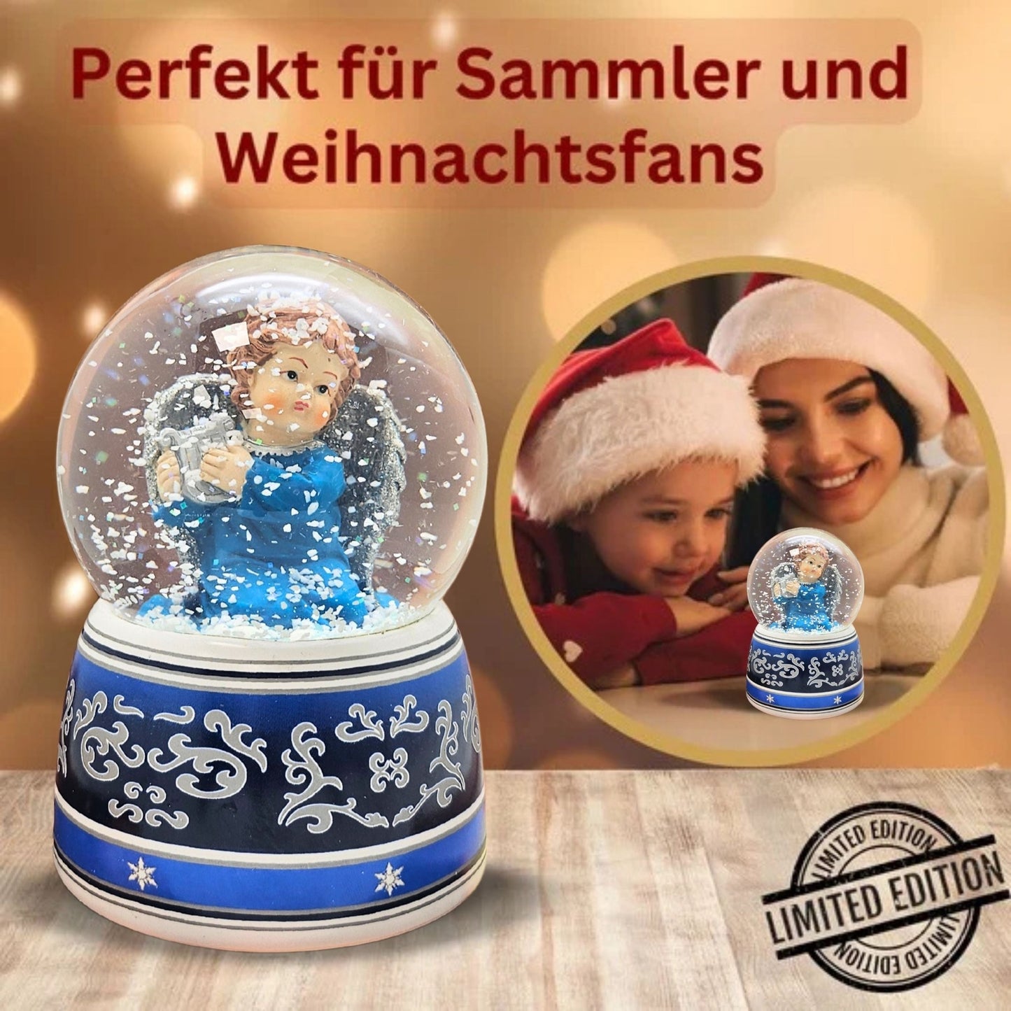 Schneekugel Engel blau mit Harfe mit Spieluhr 100 mm Durchmesser - Schneekugelhaus