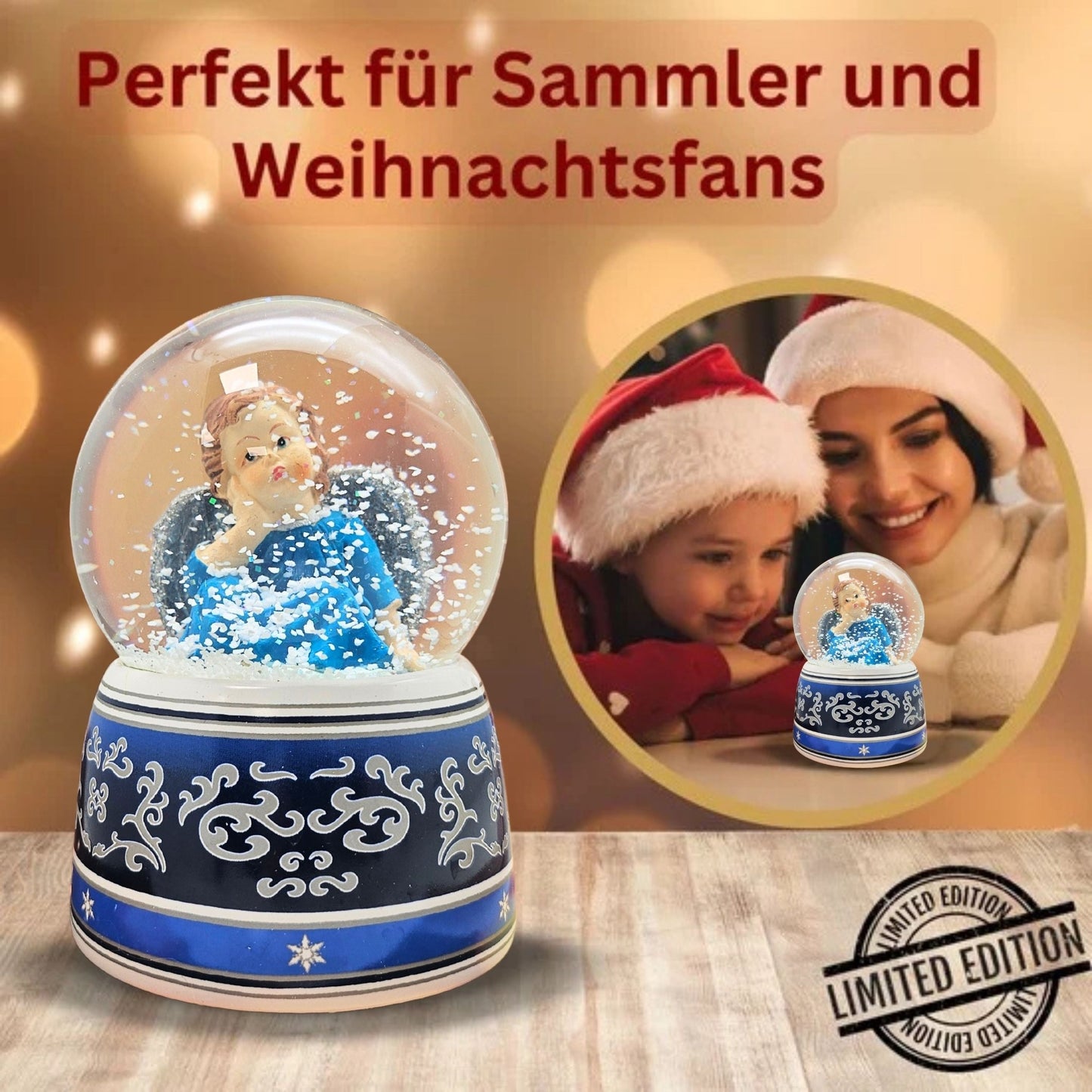 Schneekugel Engel blau mit Spieluhr Wassermusik 100 mm Durchmesser - Schneekugelhaus