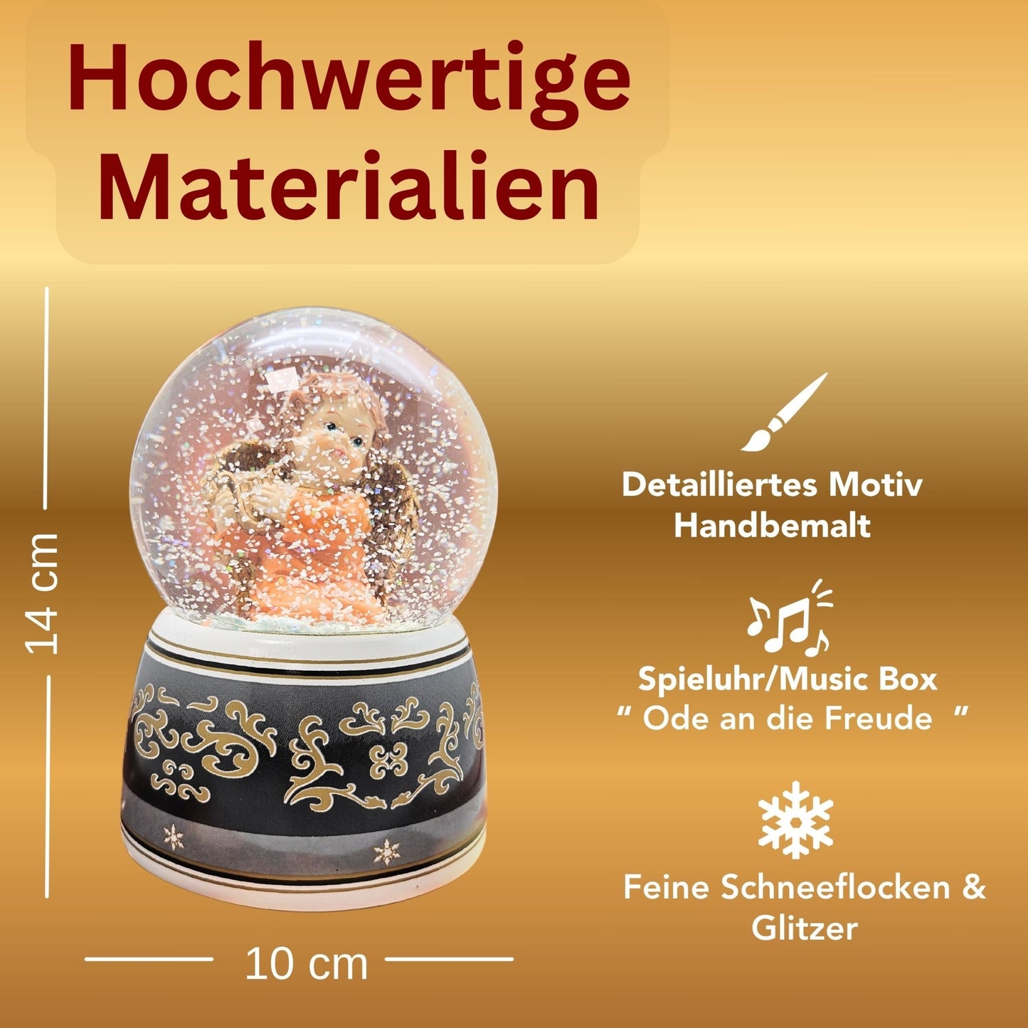 Schneekugel Engel terrakotta/schwarz mit Harfe mit Spieluhr 100 mm Durchmesser - Schneekugelhaus