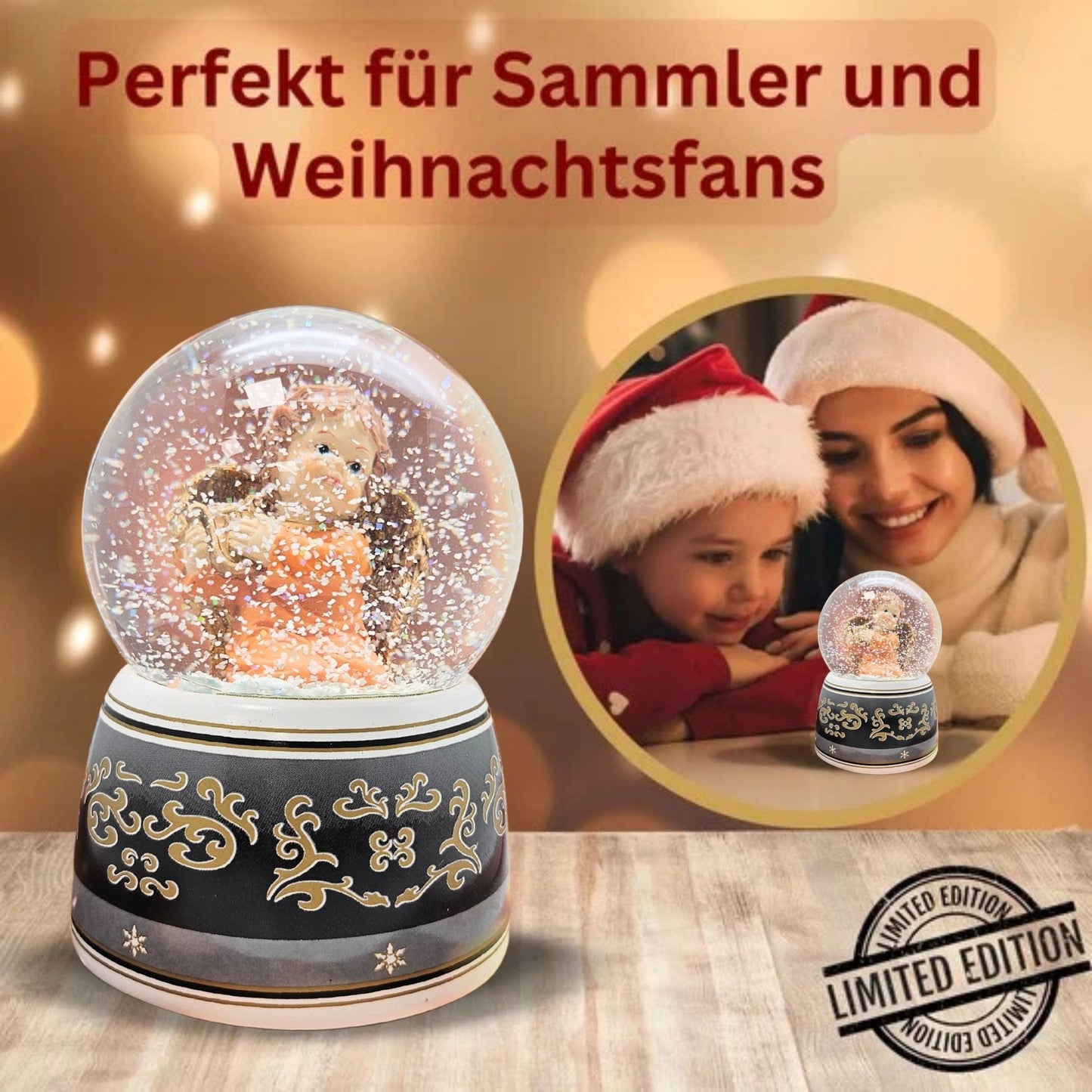 Schneekugel Engel terrakotta/schwarz mit Harfe mit Spieluhr 100 mm Durchmesser - Schneekugelhaus
