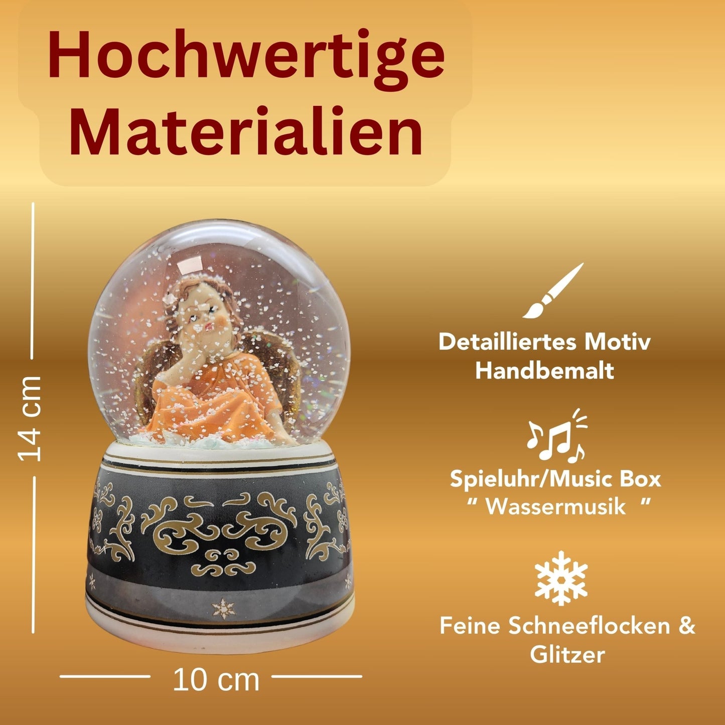 Schneekugel Engel terrakotta/schwarz mit Spieluhr 100 mm Durchmesser - Schneekugelhaus