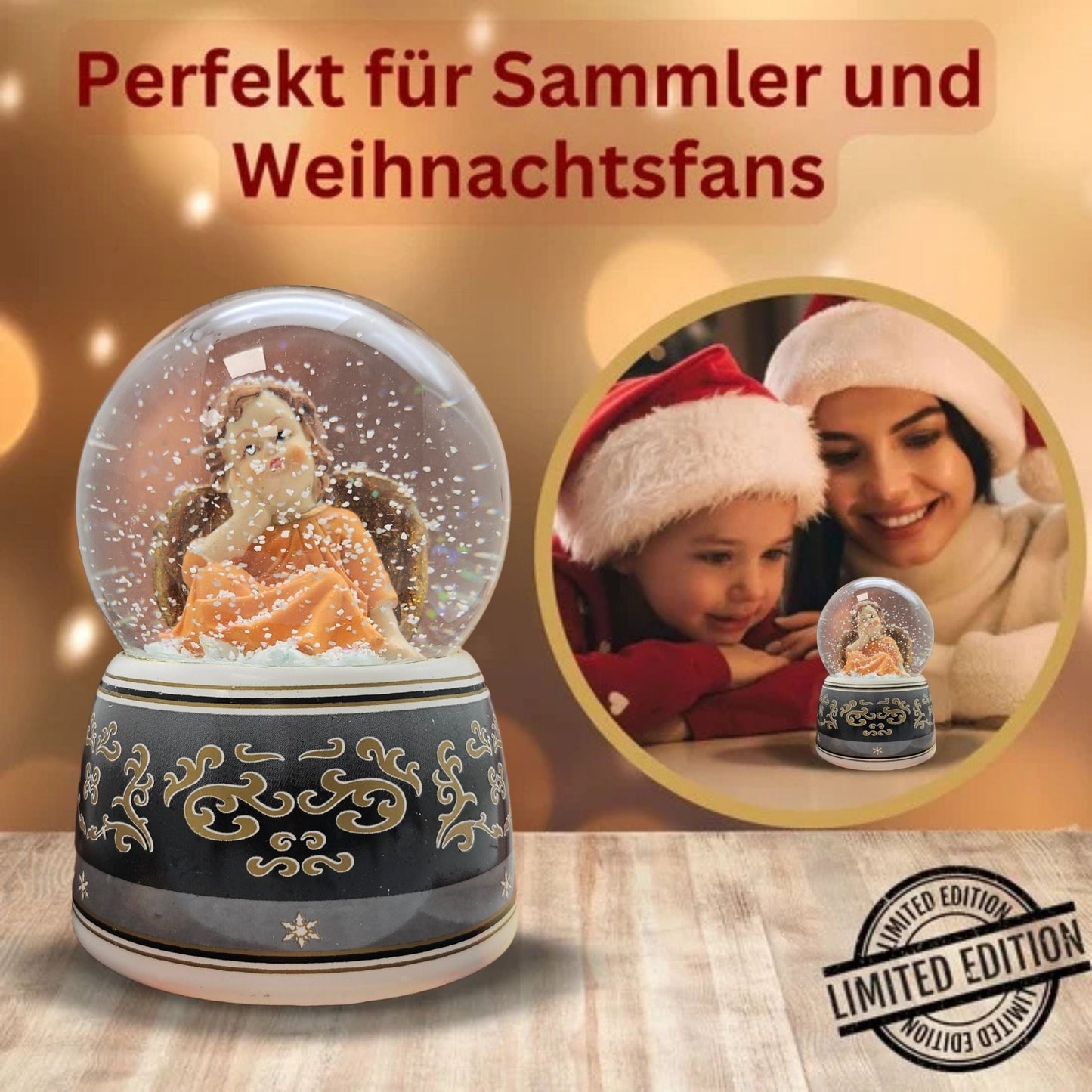 Schneekugel Engel terrakotta/schwarz mit Spieluhr 100 mm Durchmesser - Schneekugelhaus