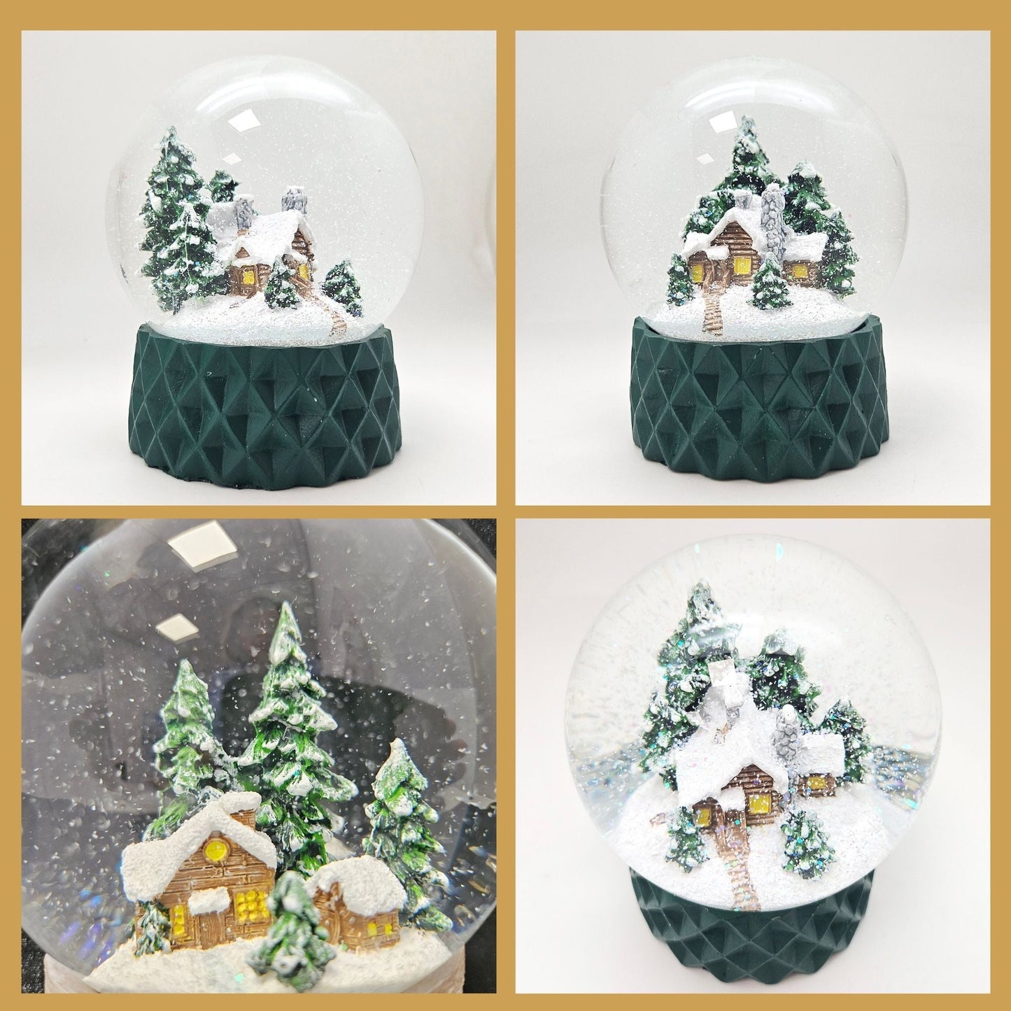 Schneekugel Hüttenzauber auf Sockel grün kubisch "PURE - Line" 10 cm Durchmesser - Schneekugelhaus