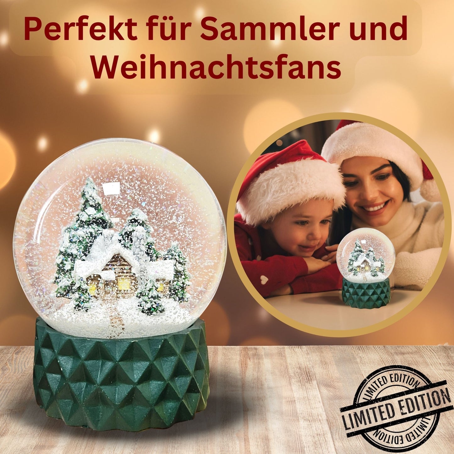 Schneekugel Hüttenzauber auf Sockel grün kubisch "PURE - Line" 10 cm Durchmesser - Schneekugelhaus