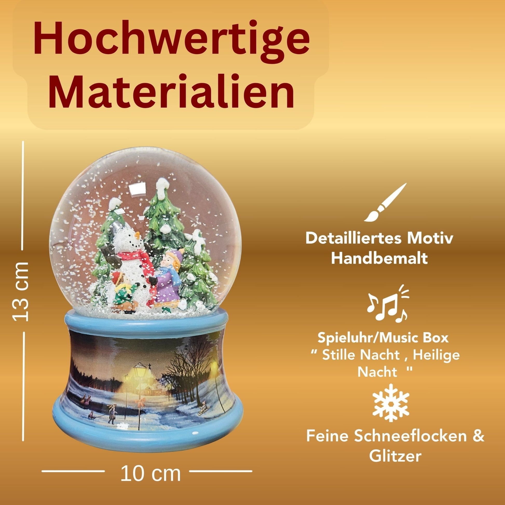 Schneekugel Kinder bauen Schneemann auf Sockel Winterlandschaft Eisläufer blau mit Spieluhr 10 cm Durchmesser - Schneekugelhaus