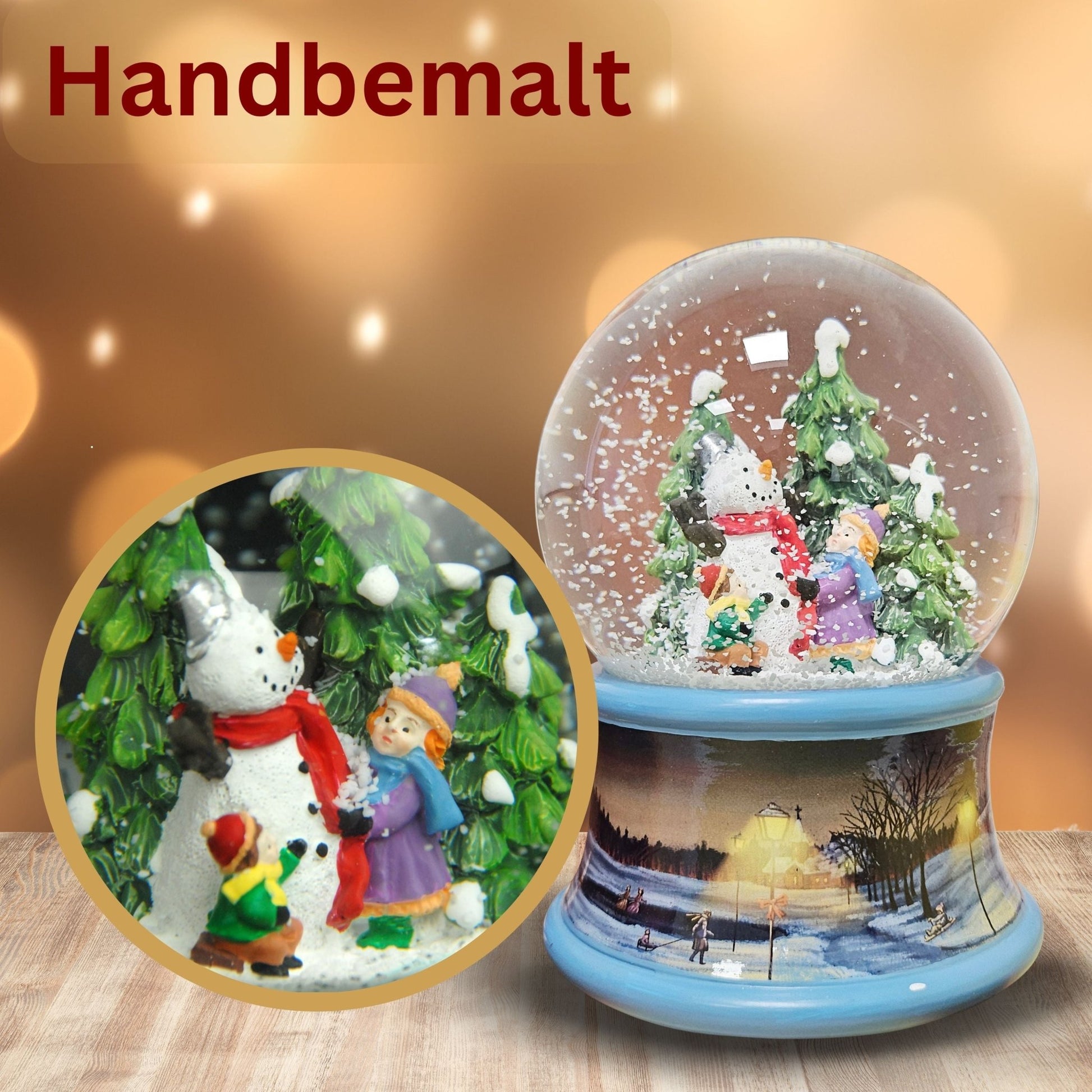 Schneekugel Kinder bauen Schneemann auf Sockel Winterlandschaft Eisläufer blau mit Spieluhr 10 cm Durchmesser - Schneekugelhaus