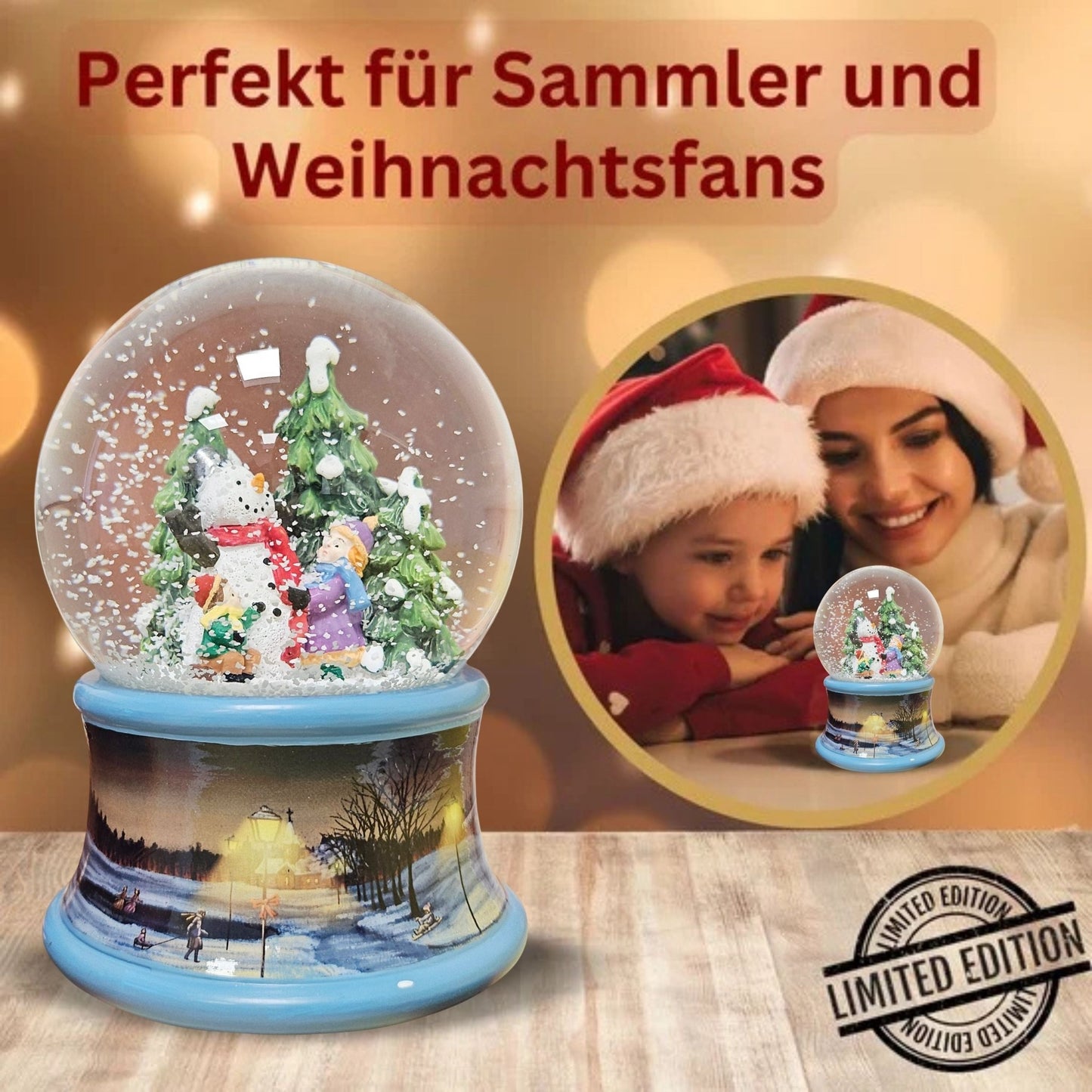 Schneekugel Kinder bauen Schneemann auf Sockel Winterlandschaft Eisläufer blau mit Spieluhr 10 cm Durchmesser - Schneekugelhaus