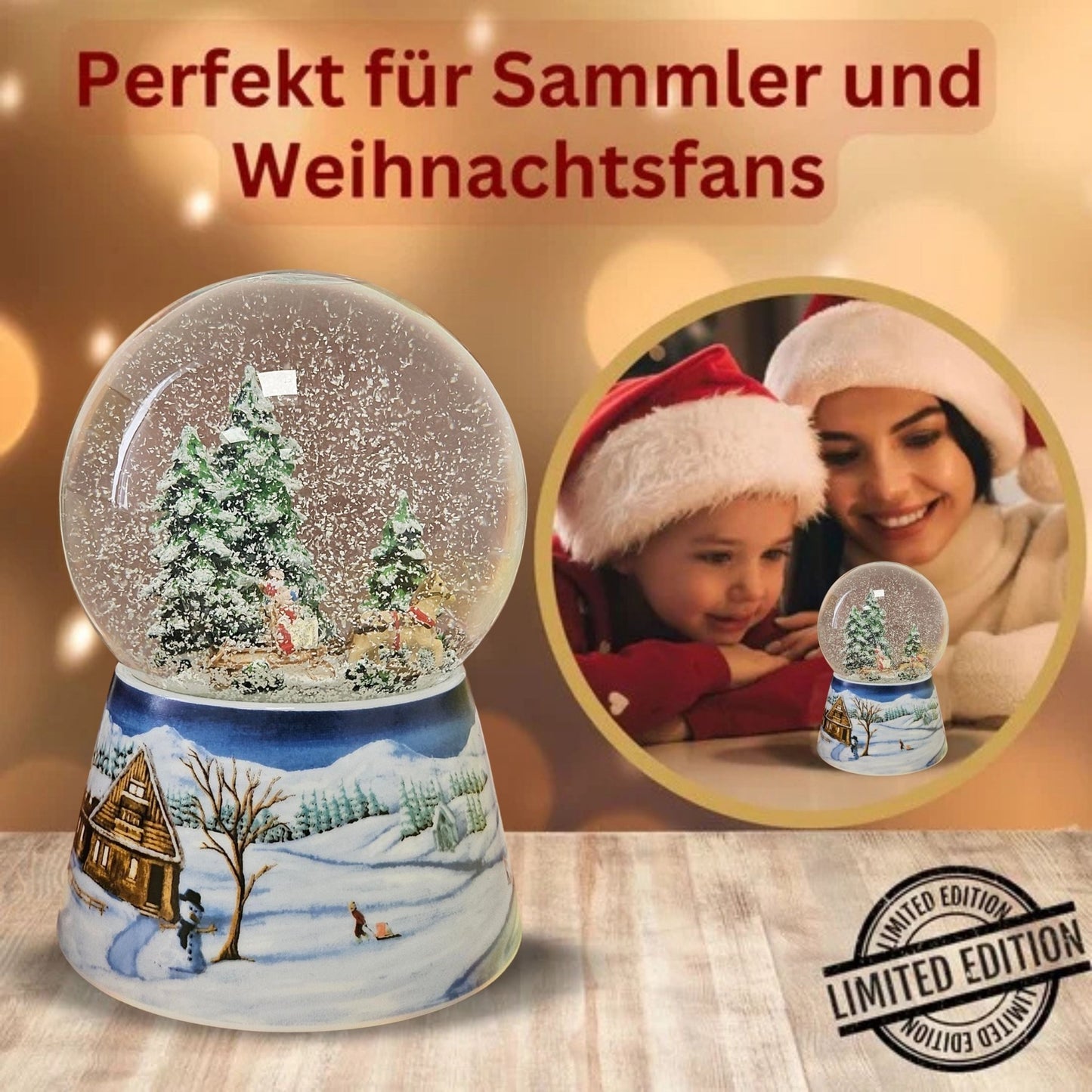 Schneekugel Kutschfahrt auf Sockel Winterlandschaft mittelblau mit Spieluhr 10 cm Durchmesser - Schneekugelhaus