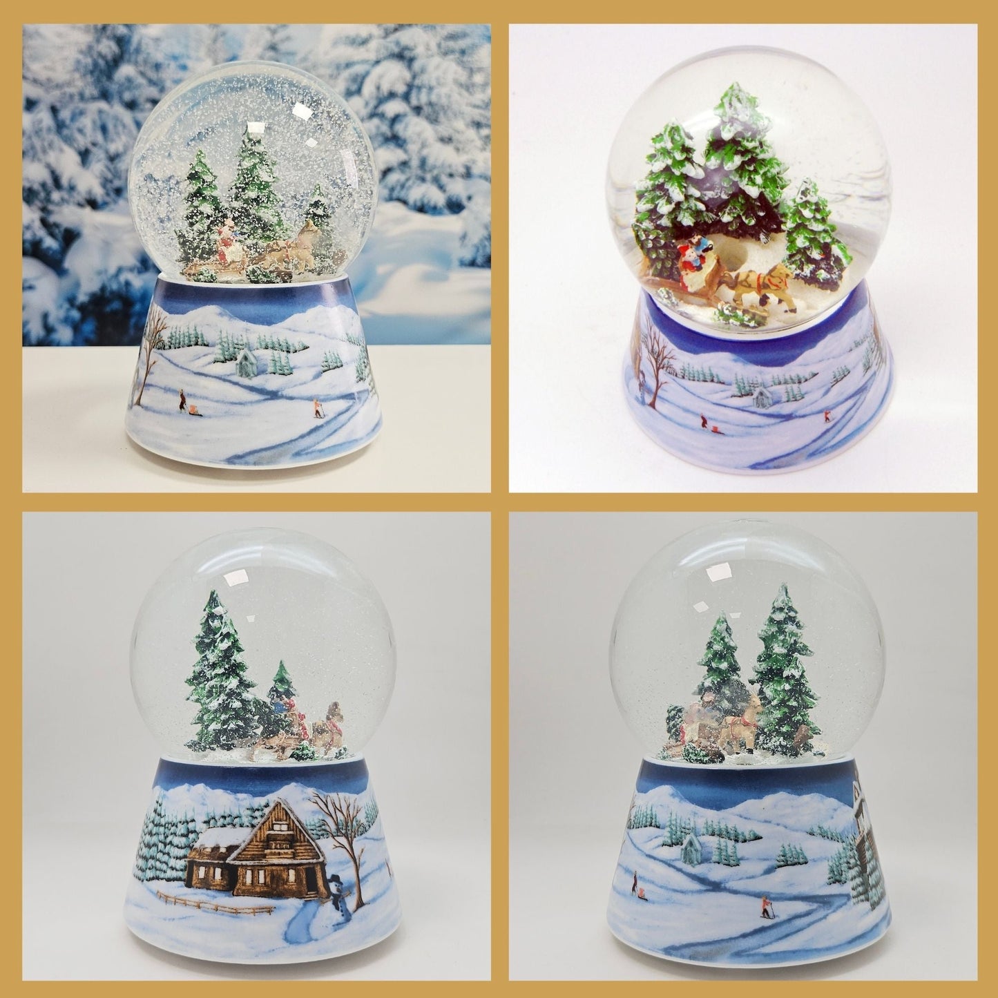Schneekugel Kutschfahrt auf Sockel Winterlandschaft mittelblau mit Spieluhr 10 cm Durchmesser - Schneekugelhaus