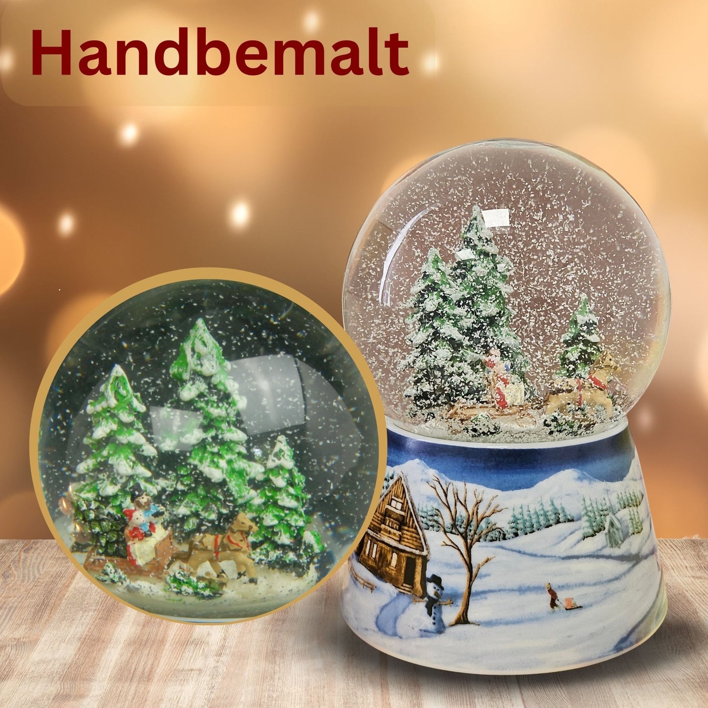 Schneekugel Kutschfahrt auf Sockel Winterlandschaft mittelblau mit Spieluhr 10 cm Durchmesser - Schneekugelhaus