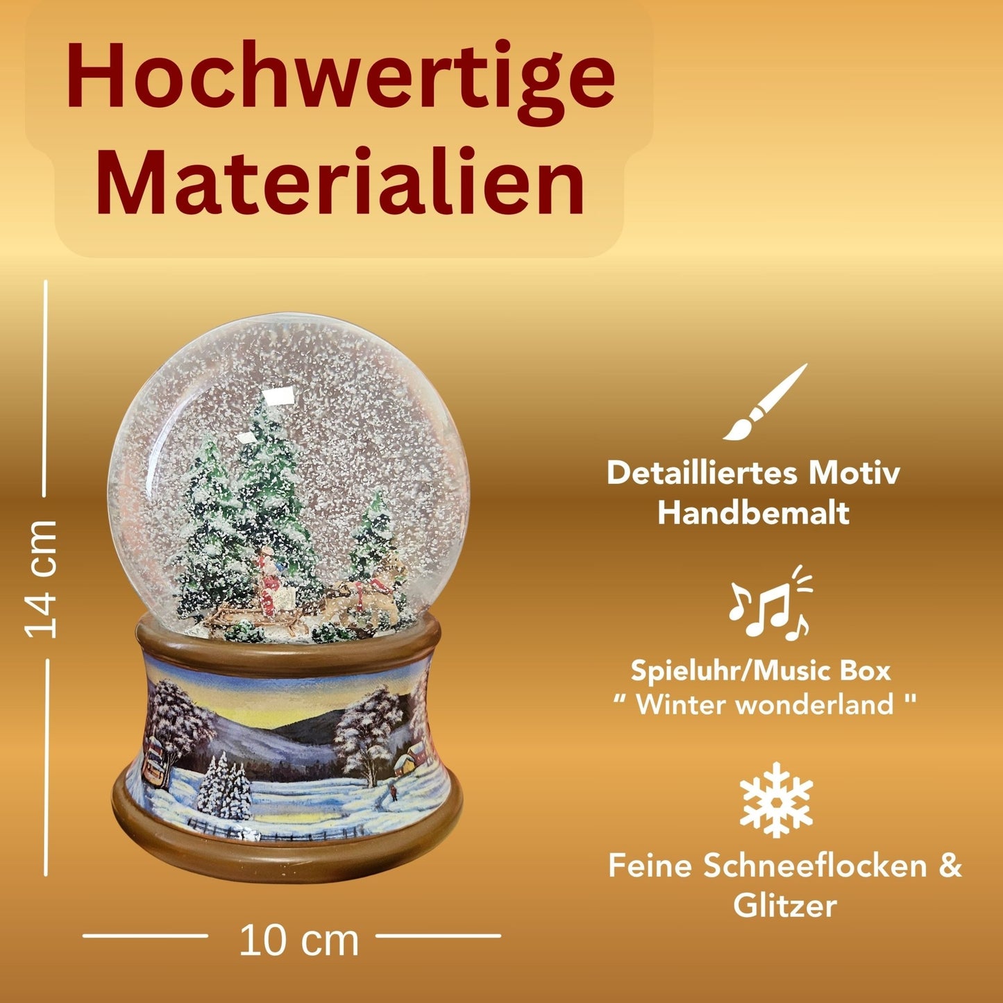 Schneekugel Kutschfahrt im Winterwald auf Sockel Winterlandschaft braun mit Spieluhr 10 cm Durchmesser - Schneekugelhaus