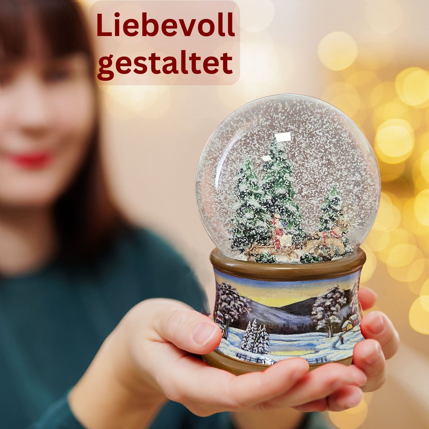 Schneekugel Kutschfahrt im Winterwald auf Sockel Winterlandschaft braun mit Spieluhr 10 cm Durchmesser - Schneekugelhaus