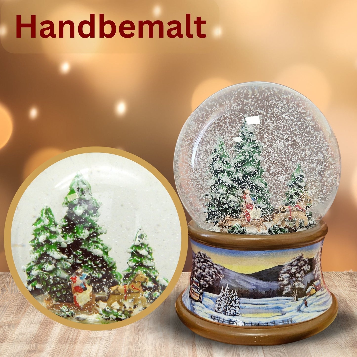 Schneekugel Kutschfahrt im Winterwald auf Sockel Winterlandschaft braun mit Spieluhr 10 cm Durchmesser - Schneekugelhaus