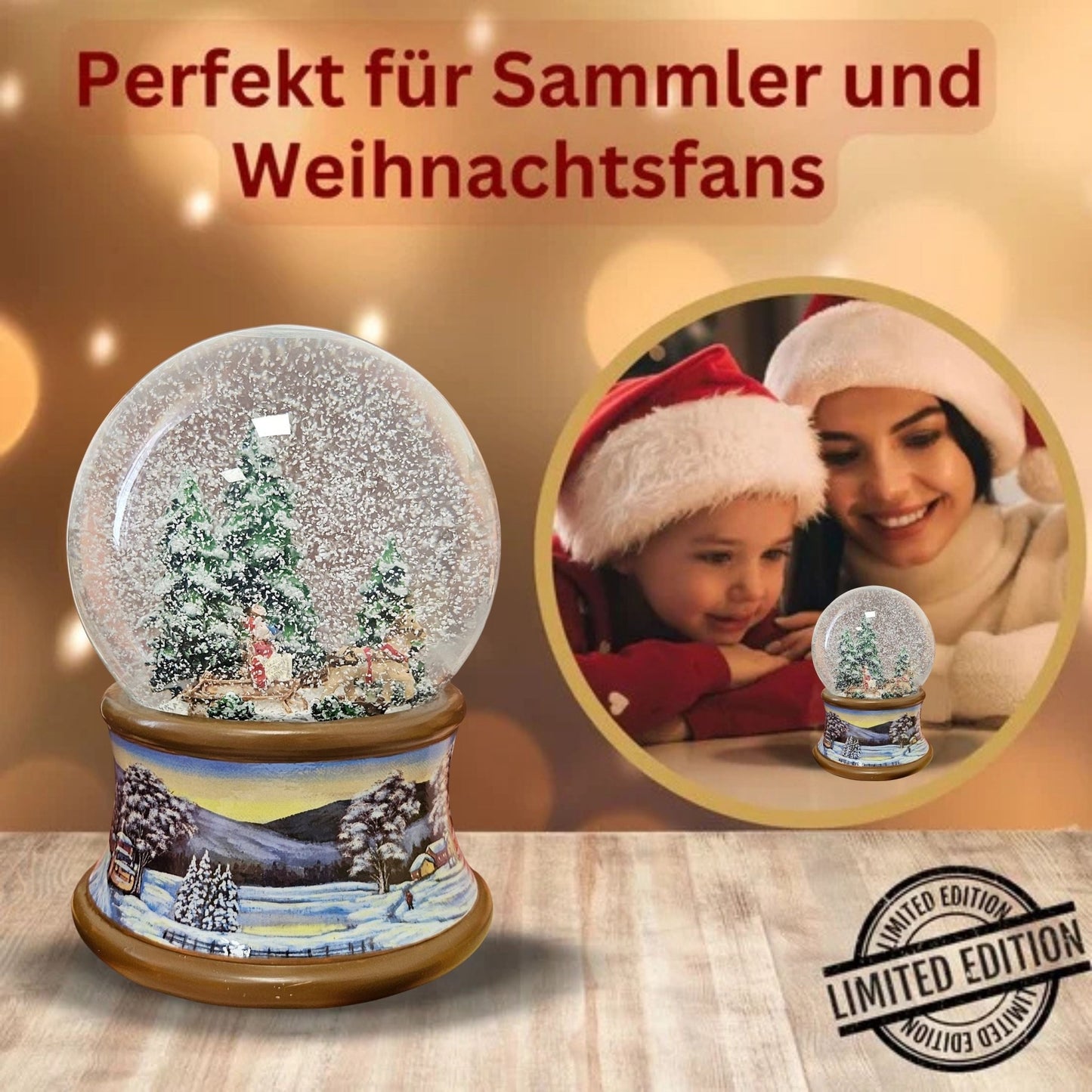 Schneekugel Kutschfahrt im Winterwald auf Sockel Winterlandschaft braun mit Spieluhr 10 cm Durchmesser - Schneekugelhaus