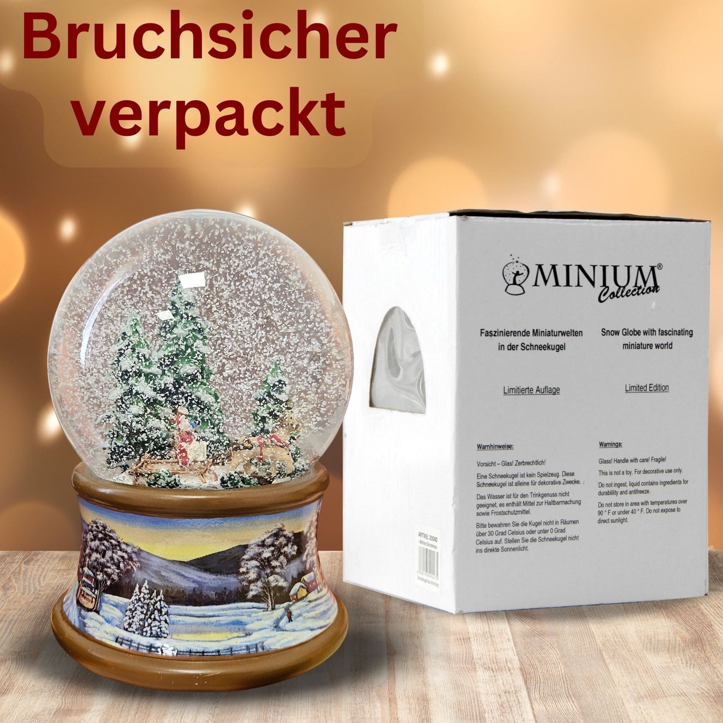 Schneekugel Kutschfahrt im Winterwald auf Sockel Winterlandschaft braun mit Spieluhr 10 cm Durchmesser - Schneekugelhaus