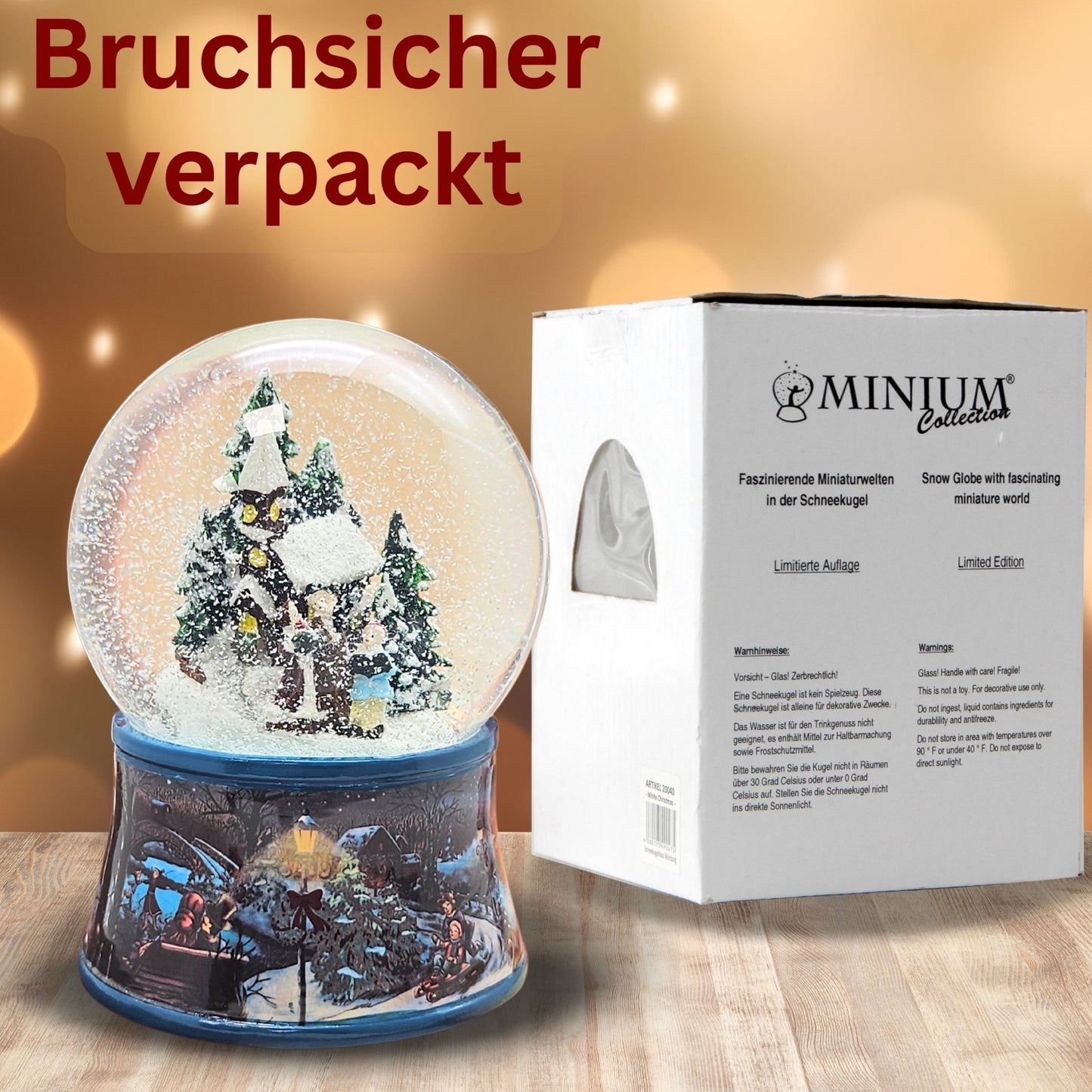Schneekugel Romantischer Winterspaziergang auf Sockel nostalgischer Weihnachtsmarkt mit Spieluhr - Schneekugelhaus