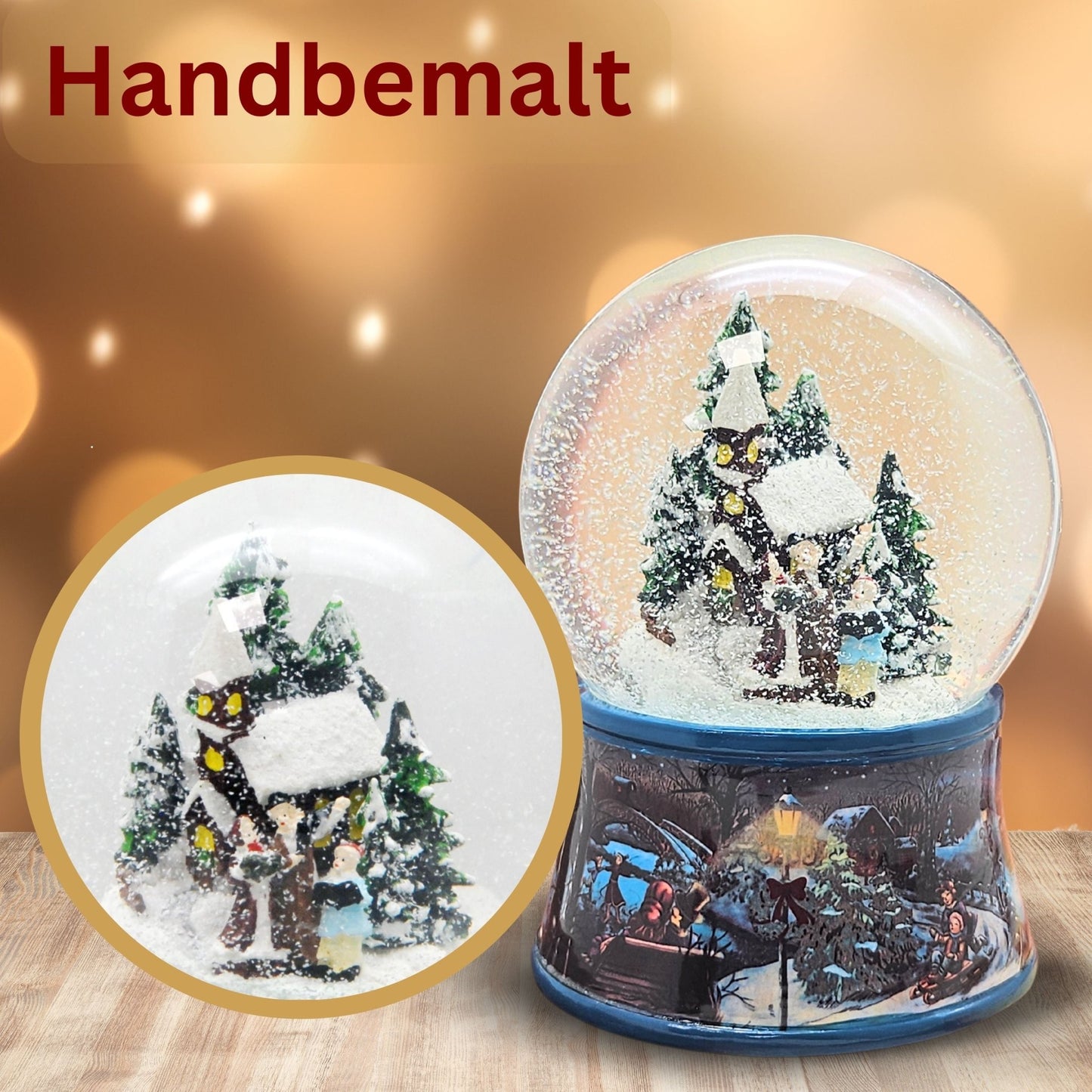 Schneekugel Romantischer Winterspaziergang auf Sockel nostalgischer Weihnachtsmarkt mit Spieluhr - Schneekugelhaus