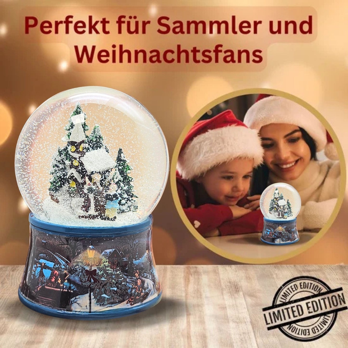 Schneekugel Romantischer Winterspaziergang auf Sockel nostalgischer Weihnachtsmarkt mit Spieluhr - Schneekugelhaus