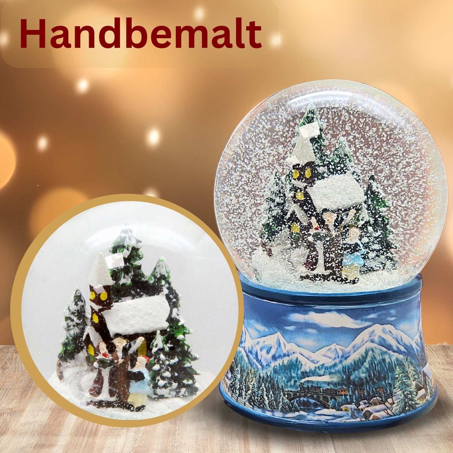Schneekugel Romantischer Winterspaziergang auf Sockel Winterlandschaft hellblau mit Spieluhr - Schneekugelhaus