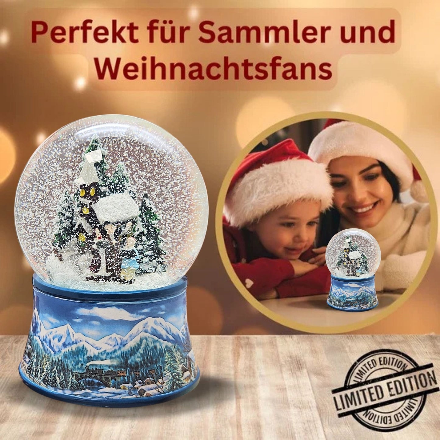 Schneekugel Romantischer Winterspaziergang auf Sockel Winterlandschaft hellblau mit Spieluhr - Schneekugelhaus