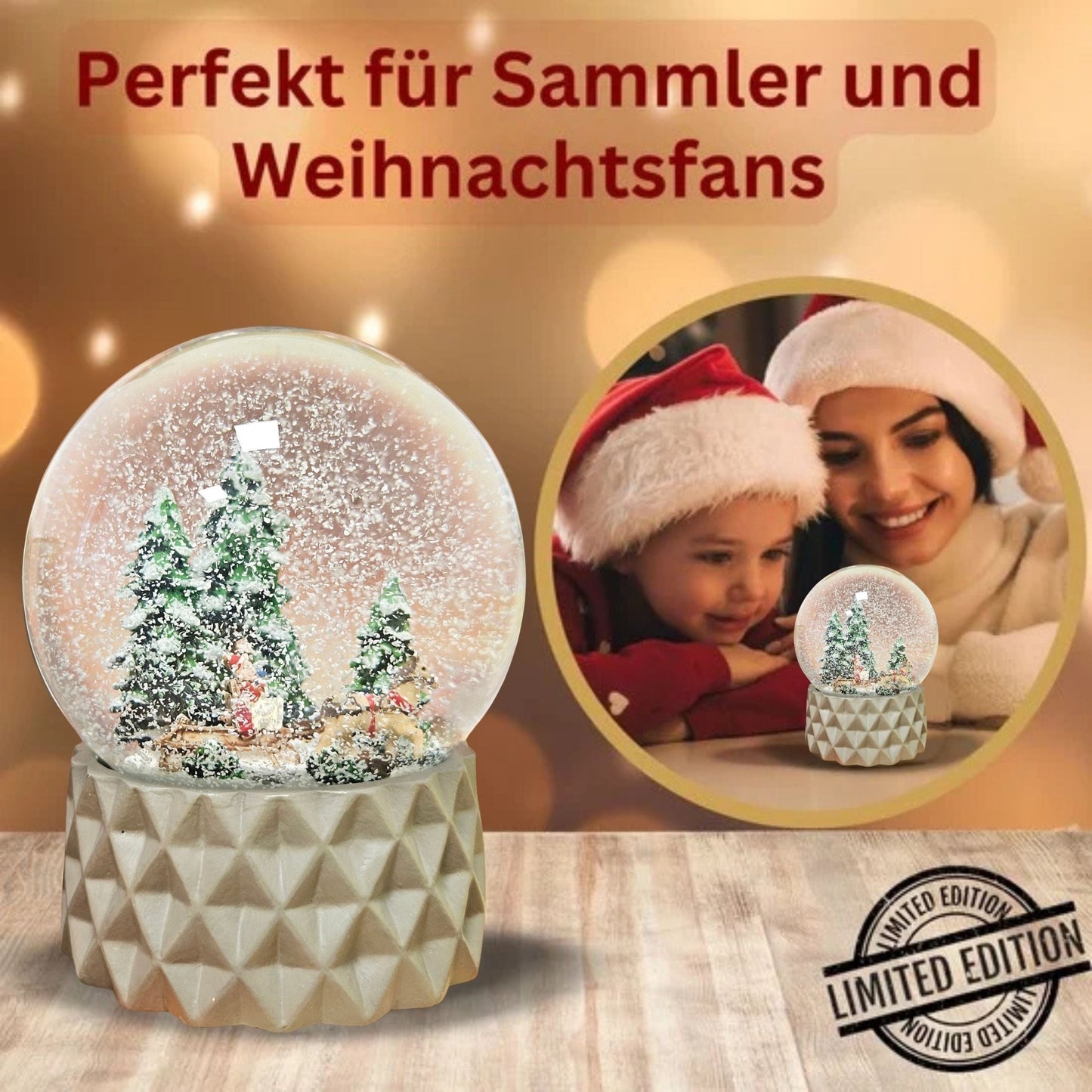 Schneekugel Schlittenfahrt auf Sockel sand farben kubisch "PURE - Line" 10 cm Durchmesser - Schneekugelhaus