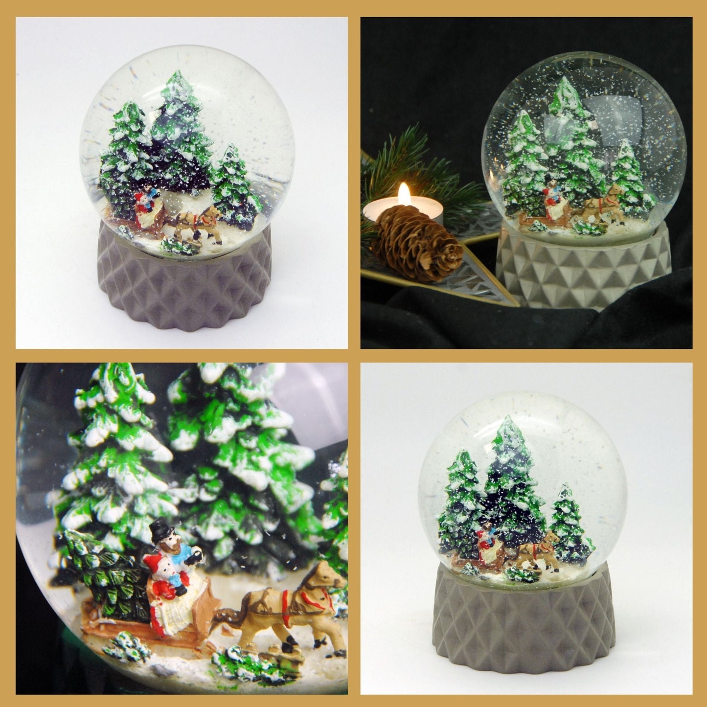 Schneekugel Schlittenfahrt auf Sockel sand farben kubisch "PURE - Line" 10 cm Durchmesser - Schneekugelhaus