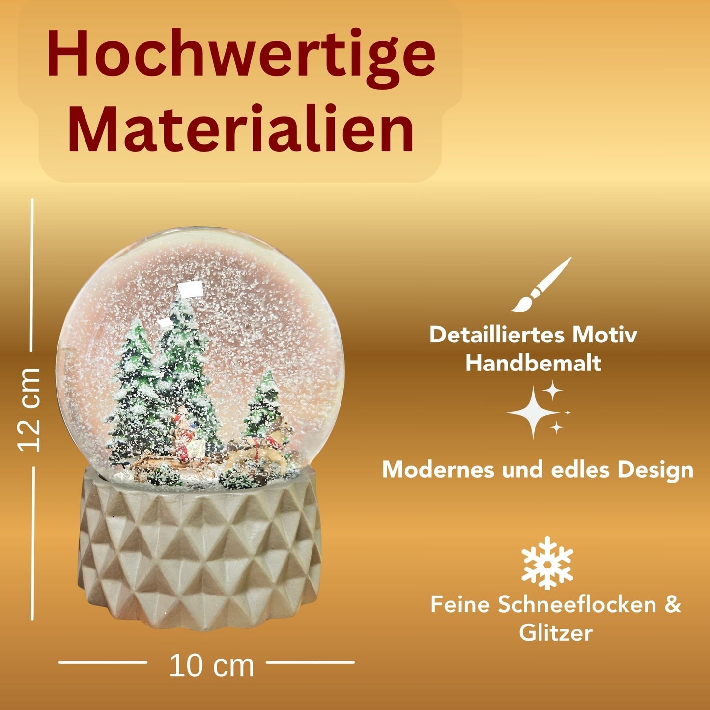 Schneekugel Schlittenfahrt auf Sockel sand farben kubisch "PURE - Line" 10 cm Durchmesser - Schneekugelhaus