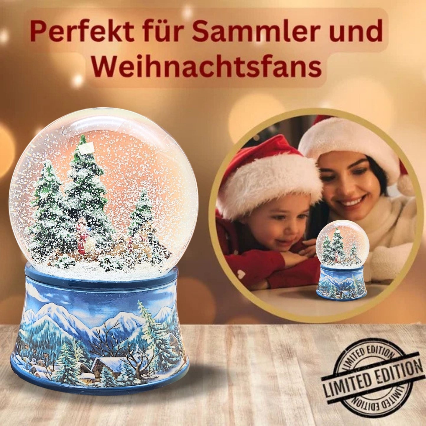 Schneekugel Schlittenfahrt auf Sockel Winterlandschaft mit Spieluhr 10 cm Durchmesser - Schneekugelhaus
