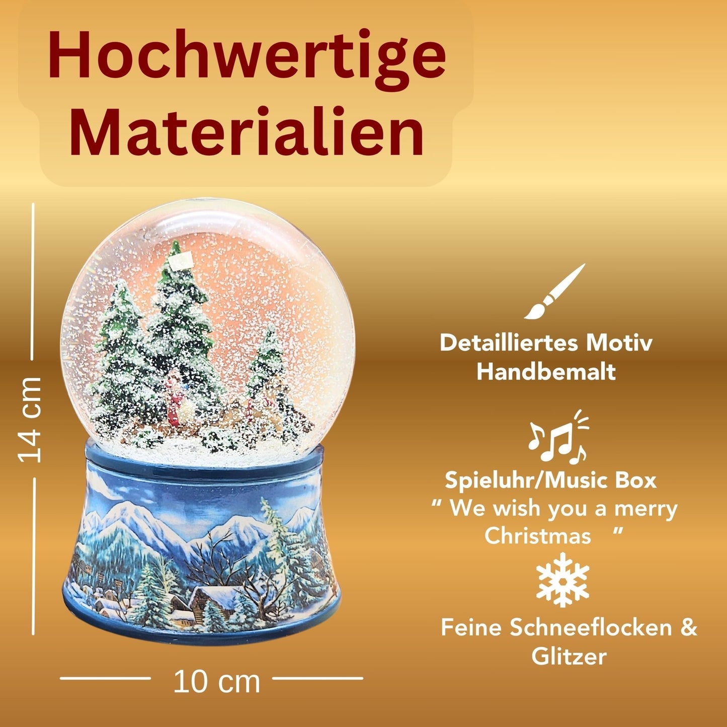 Schneekugel Schlittenfahrt auf Sockel Winterlandschaft mit Spieluhr 10 cm Durchmesser - Schneekugelhaus