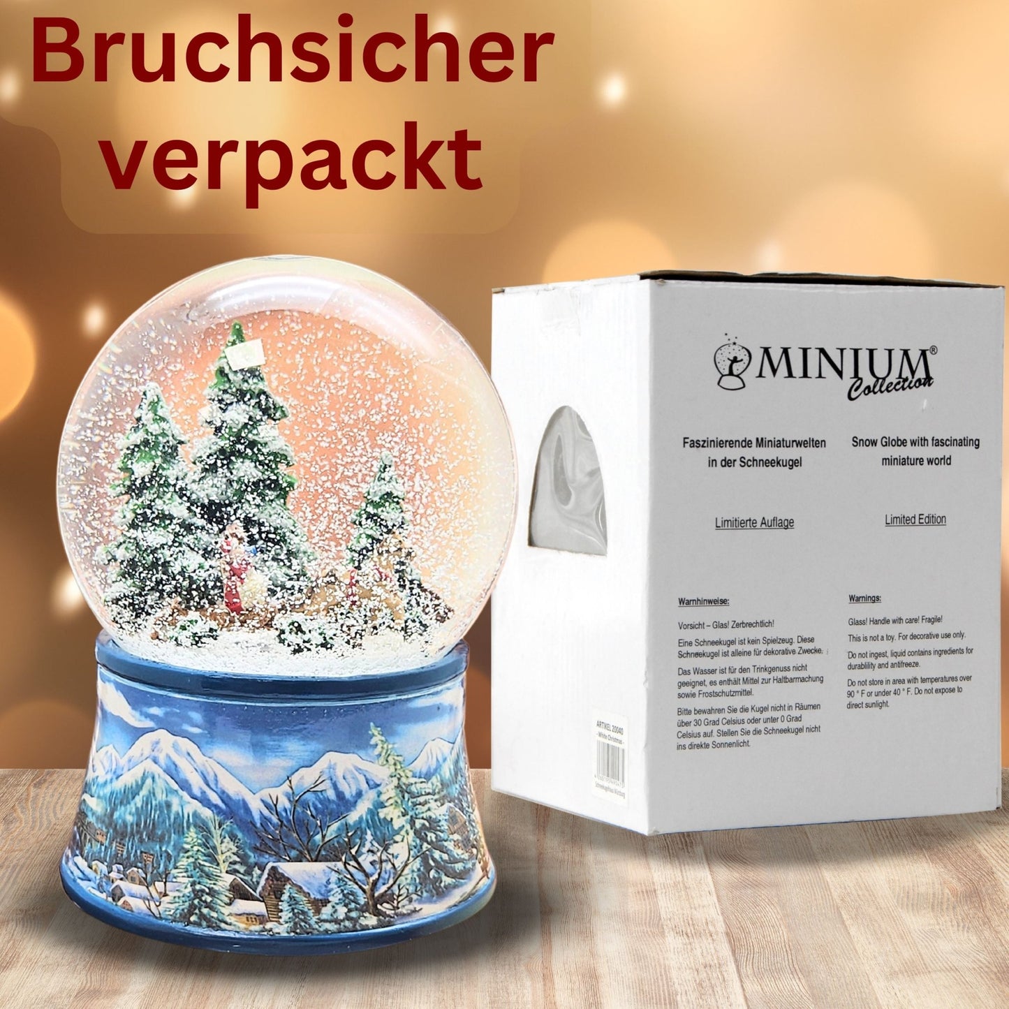 Schneekugel Schlittenfahrt auf Sockel Winterlandschaft mit Spieluhr 10 cm Durchmesser - Schneekugelhaus