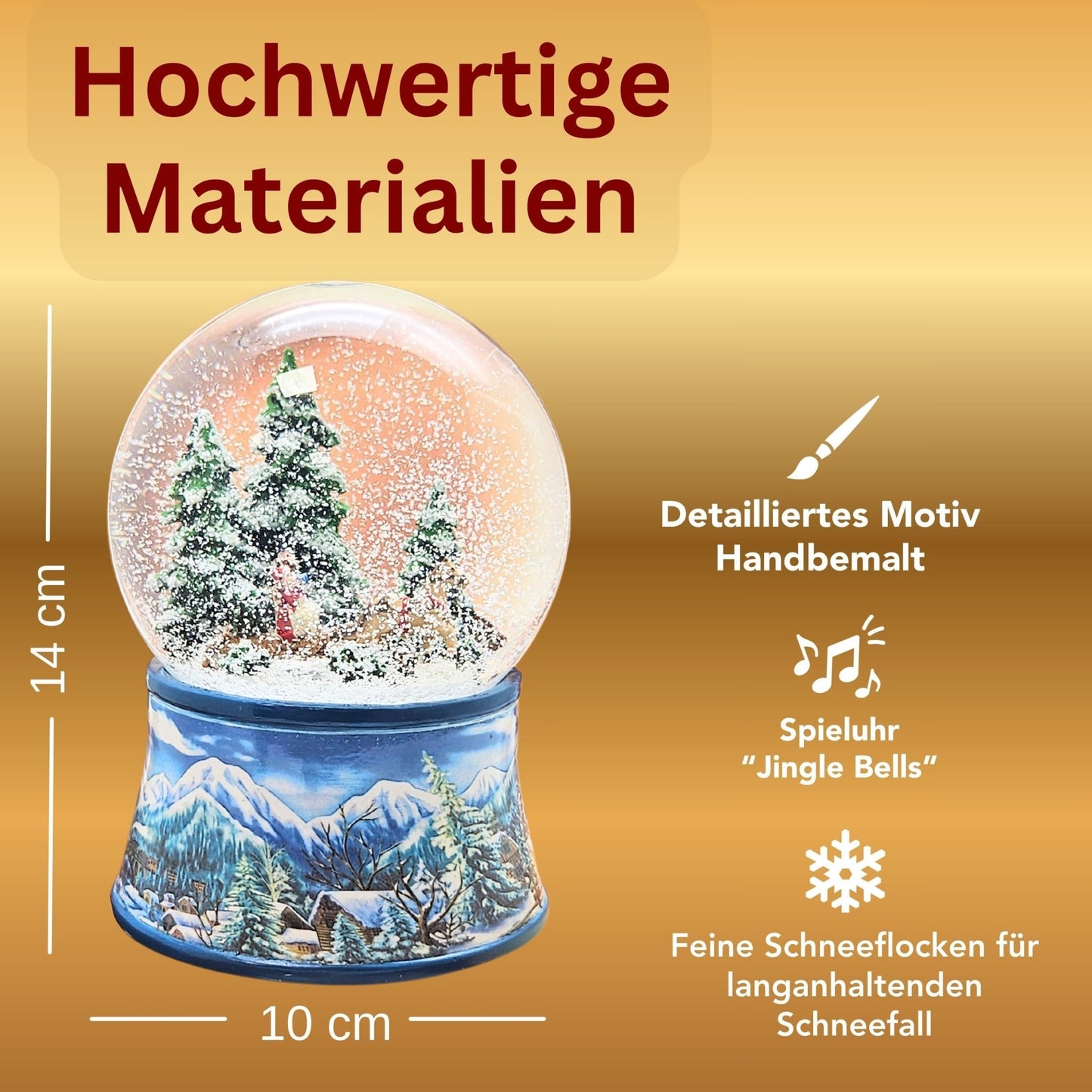Schneekugel Schlittenfahrt auf Sockel Winterlandschaft mit Spieluhr 10 cm Durchmesser - Schneekugelhaus