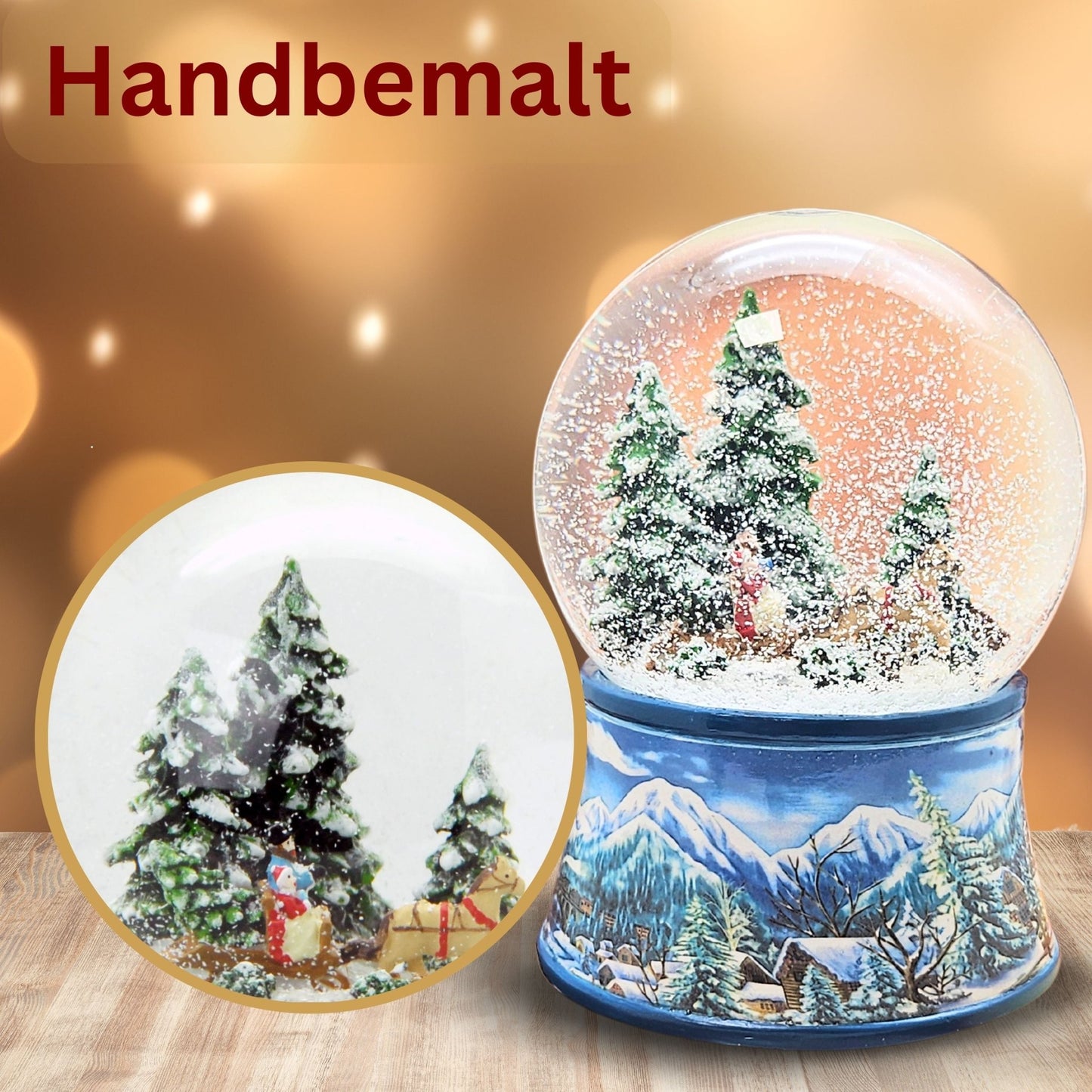 Schneekugel Schlittenfahrt auf Sockel Winterlandschaft mit Spieluhr 10 cm Durchmesser - Schneekugelhaus
