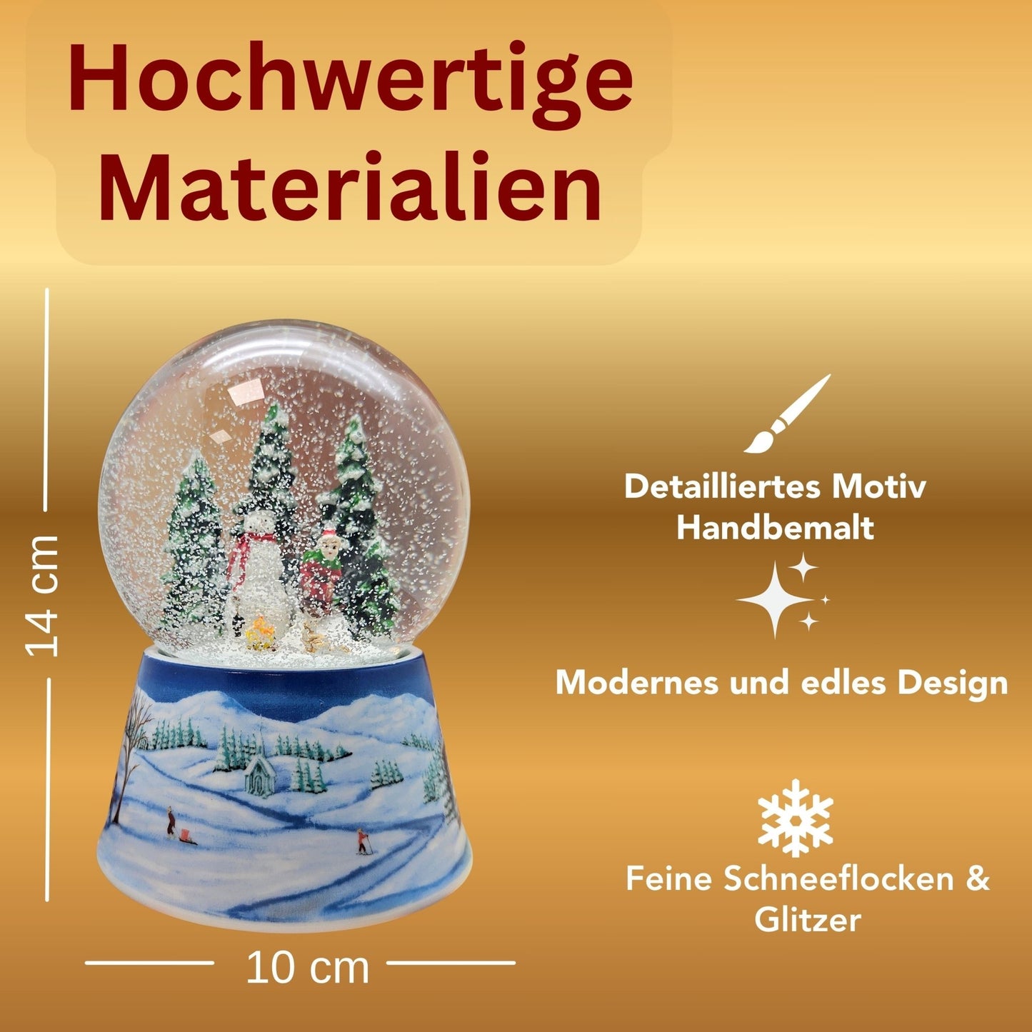 Schneekugel Schneemann bauen mit Lagerfeuer auf Sockel Winterlandschaft mit Spieluhr 10 cm Durchmesser - Schneekugelhaus