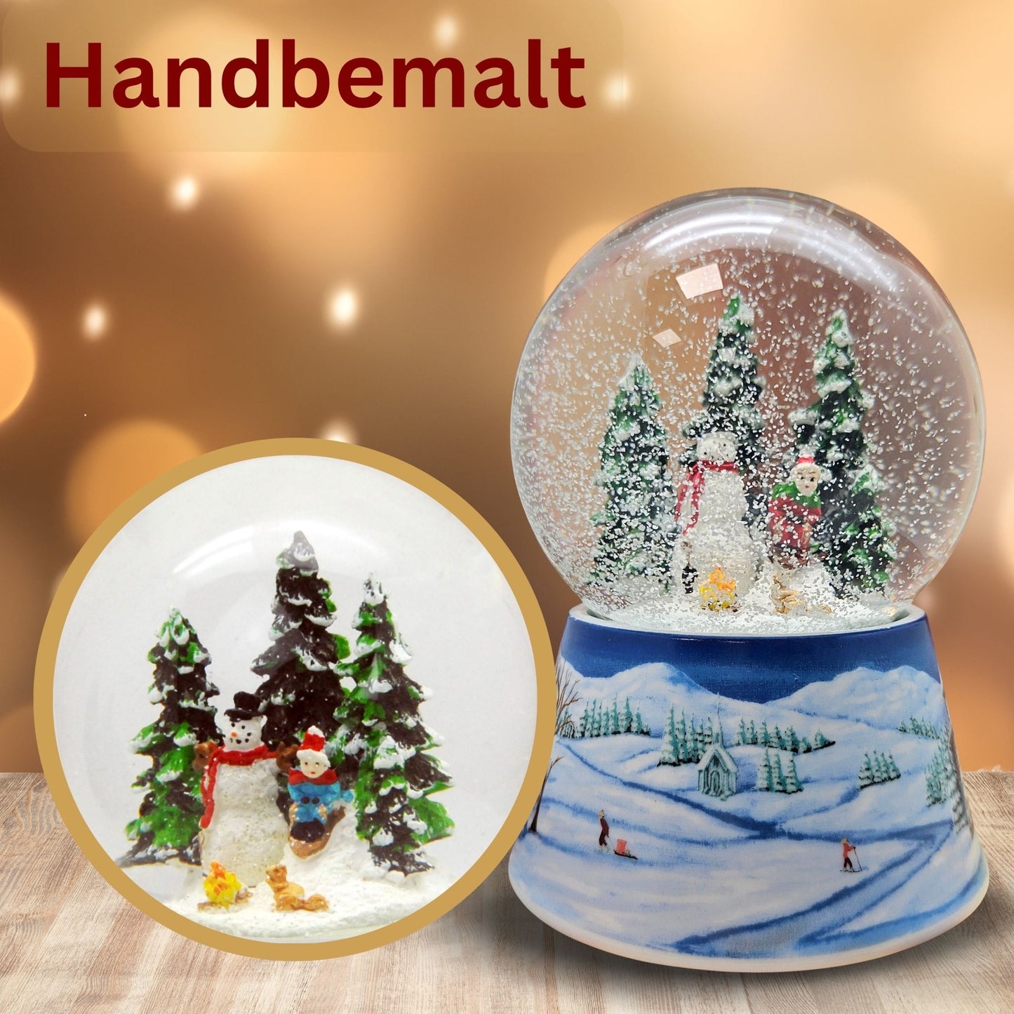 Schneekugel Schneemann bauen mit Lagerfeuer auf Sockel Winterlandschaft mit Spieluhr 10 cm Durchmesser - Schneekugelhaus