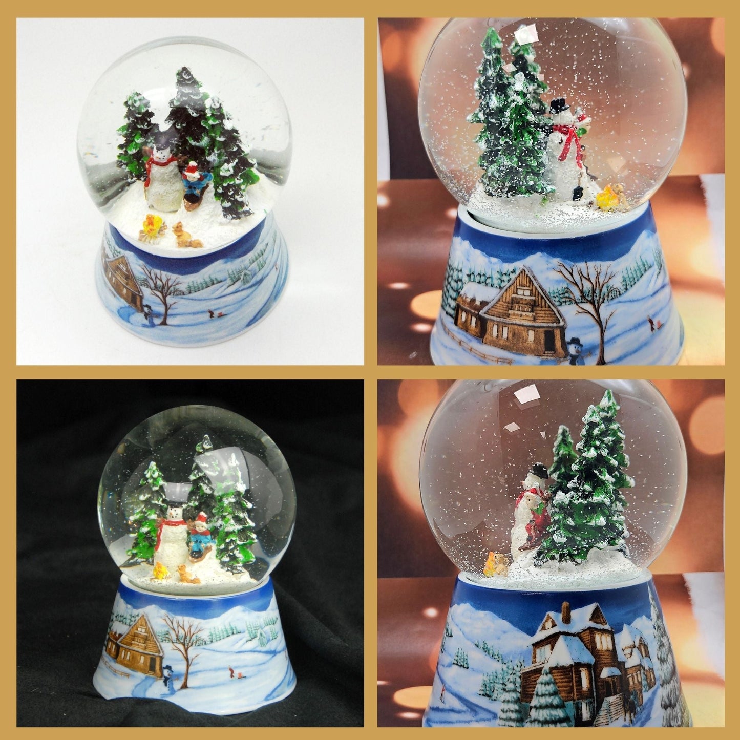 Schneekugel Schneemann bauen mit Lagerfeuer auf Sockel Winterlandschaft mit Spieluhr 10 cm Durchmesser - Schneekugelhaus