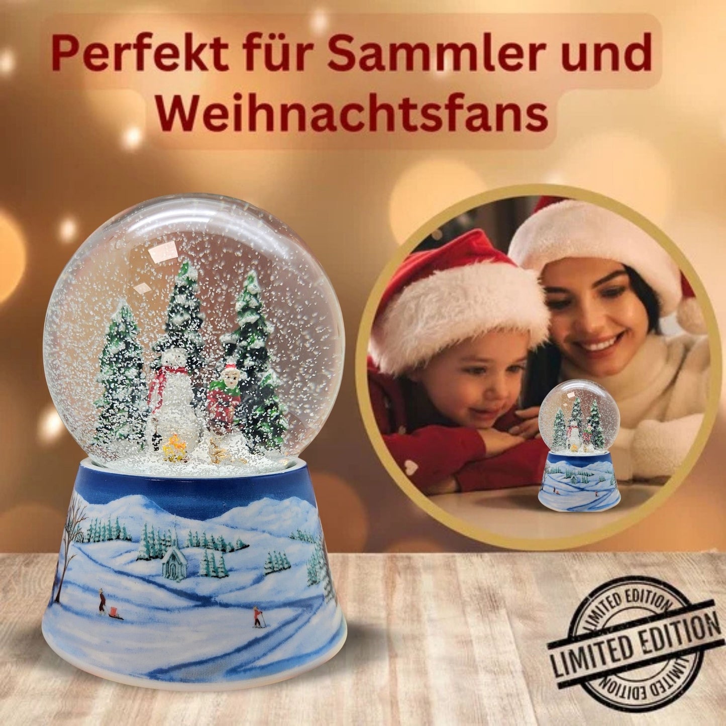 Schneekugel Schneemann bauen mit Lagerfeuer auf Sockel Winterlandschaft mit Spieluhr 10 cm Durchmesser - Schneekugelhaus