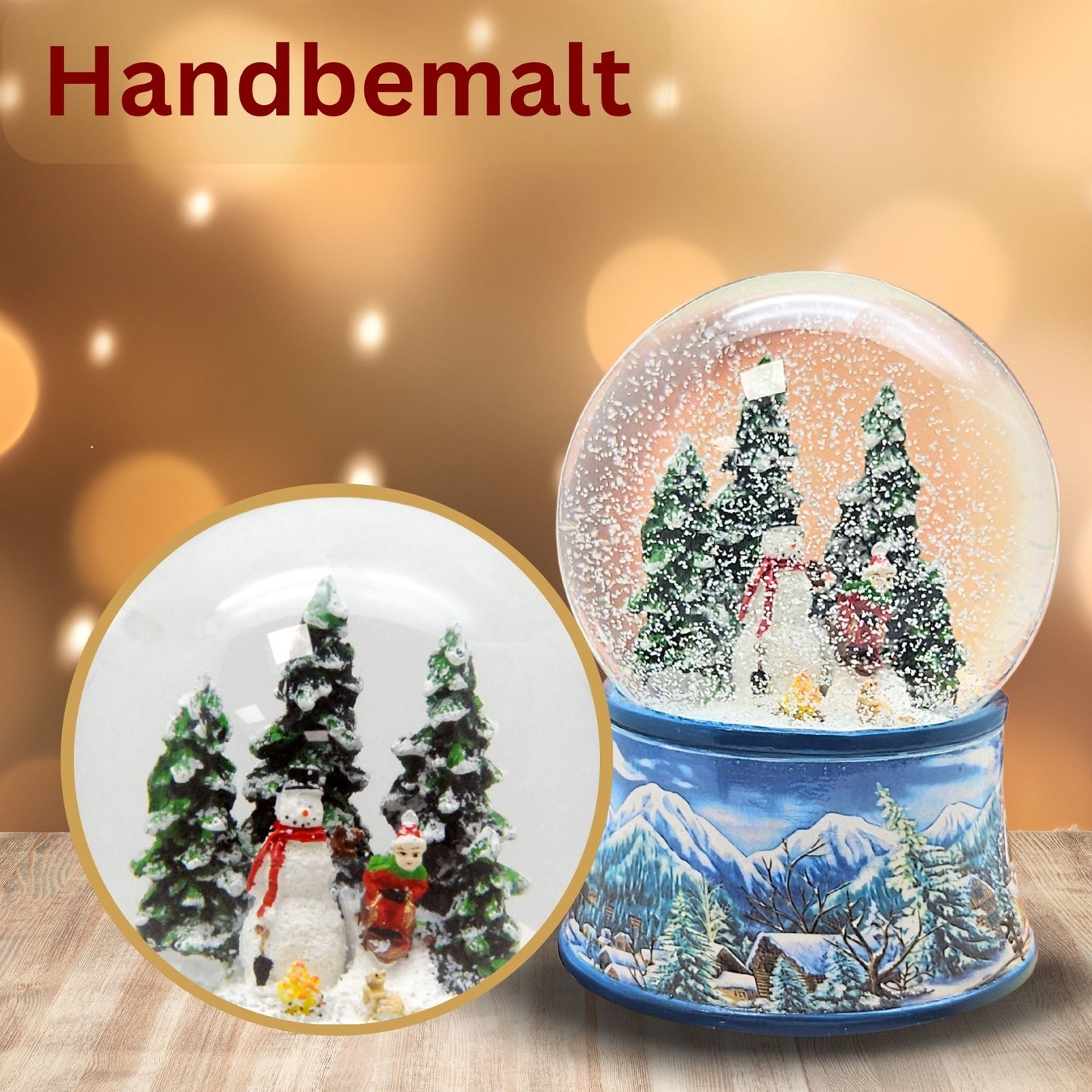 Schneekugel Schneemann mit Kind auf Schlitten mit Spieluhr 10 cm Durchmesser - Schneekugelhaus