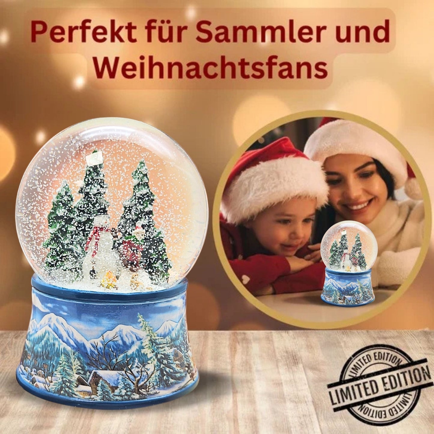 Schneekugel Schneemann mit Kind auf Schlitten mit Spieluhr 10 cm Durchmesser - Schneekugelhaus