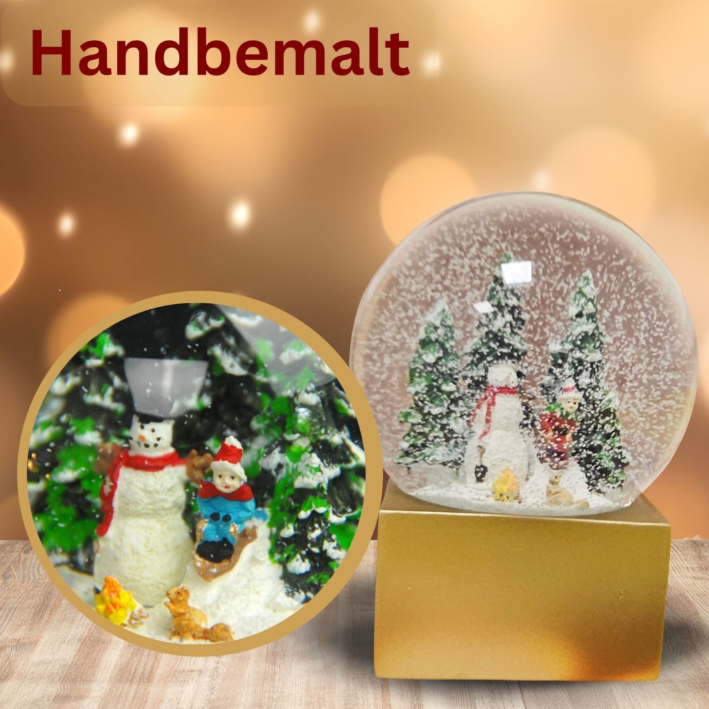 Schneekugel Schneemann steht vor Lagerfeuer auf Sockel golden eckig "PURE - Line" 10 cm Durchmesser - Schneekugelhaus